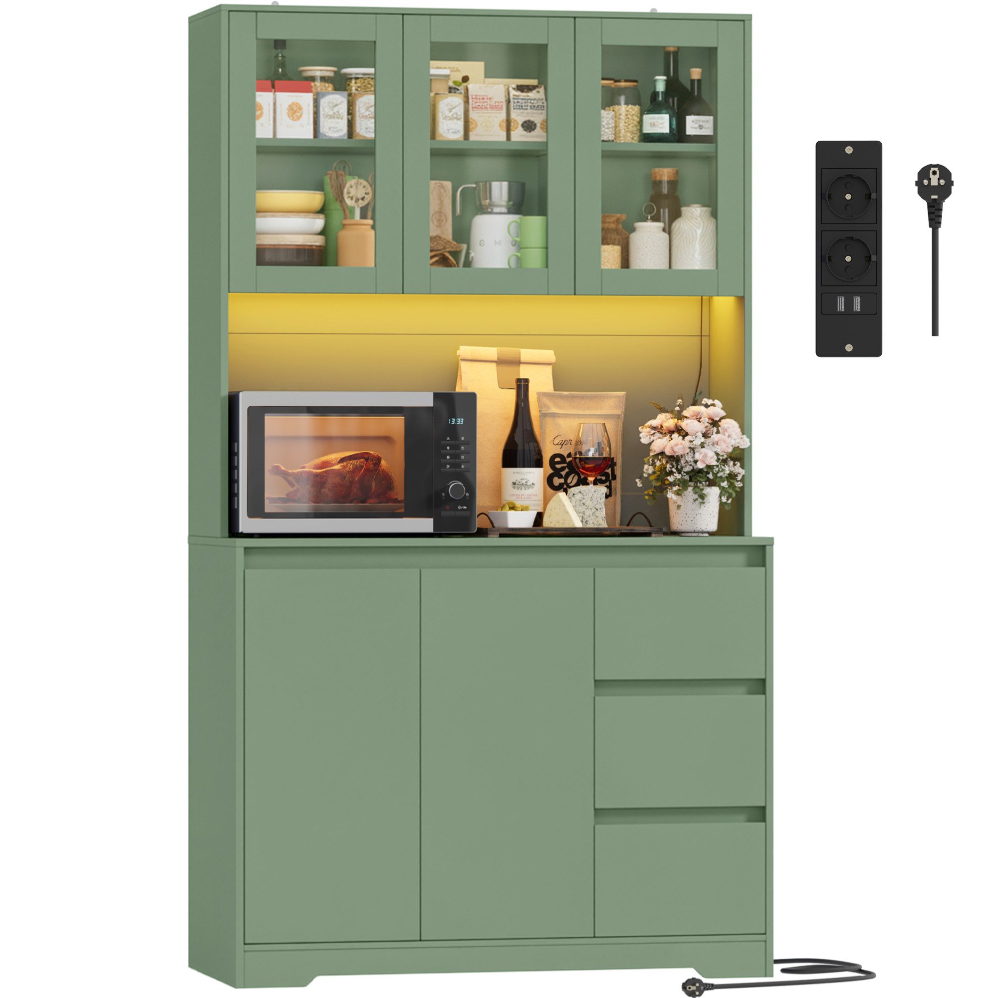 Homfa Küchenbuffet Küchenschrank Buffetschrank mit LED Sideboard grün mit Steckdosenleiste & Arbeitsplatte 180x100x38,5cm