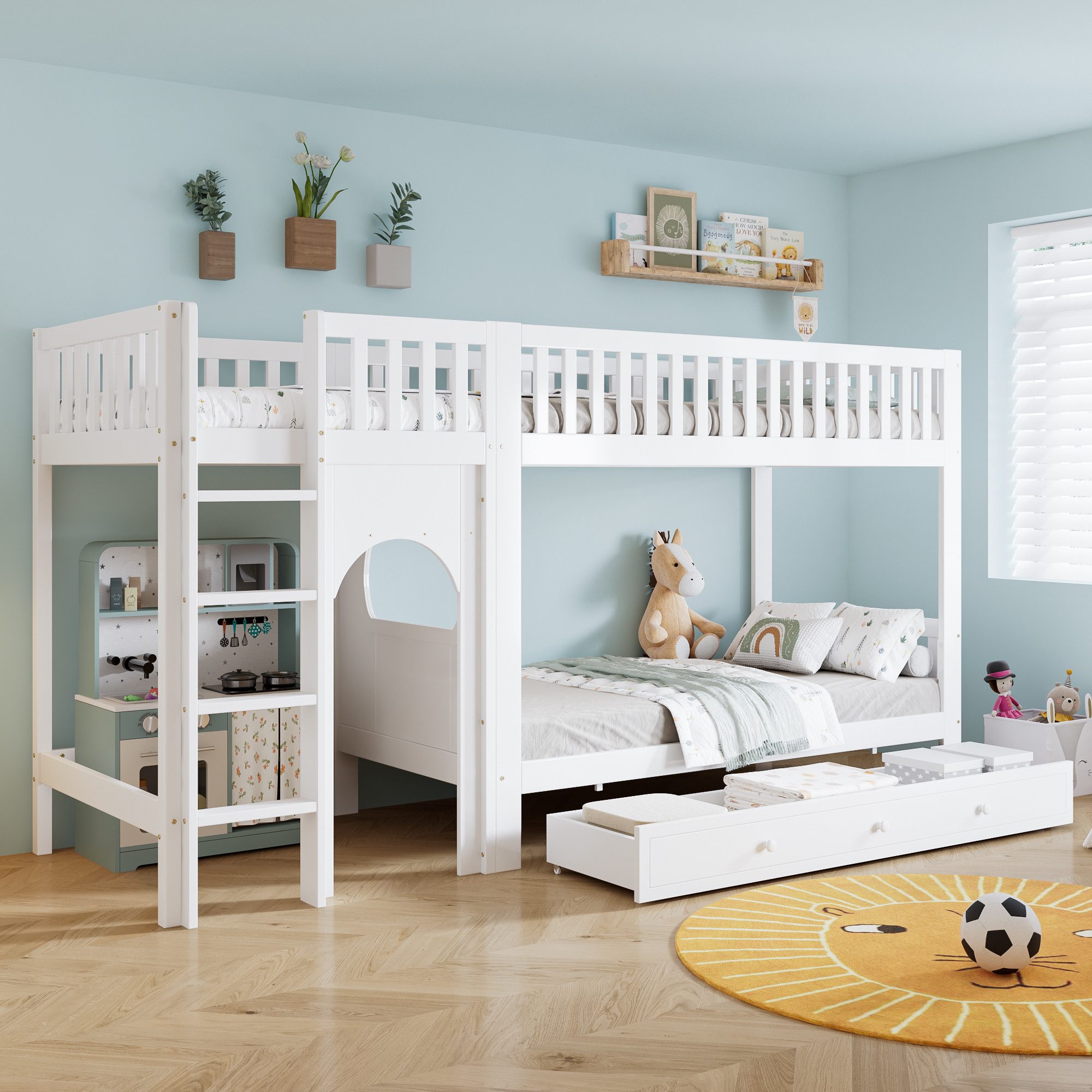 REDOM Etagenbett mit vierstufiger Leiter und Geländern (mit kleinem Bereich für individuelle Gestaltung, Kinderbett Funktionsbett, 90x200 cm), ohne Matratze