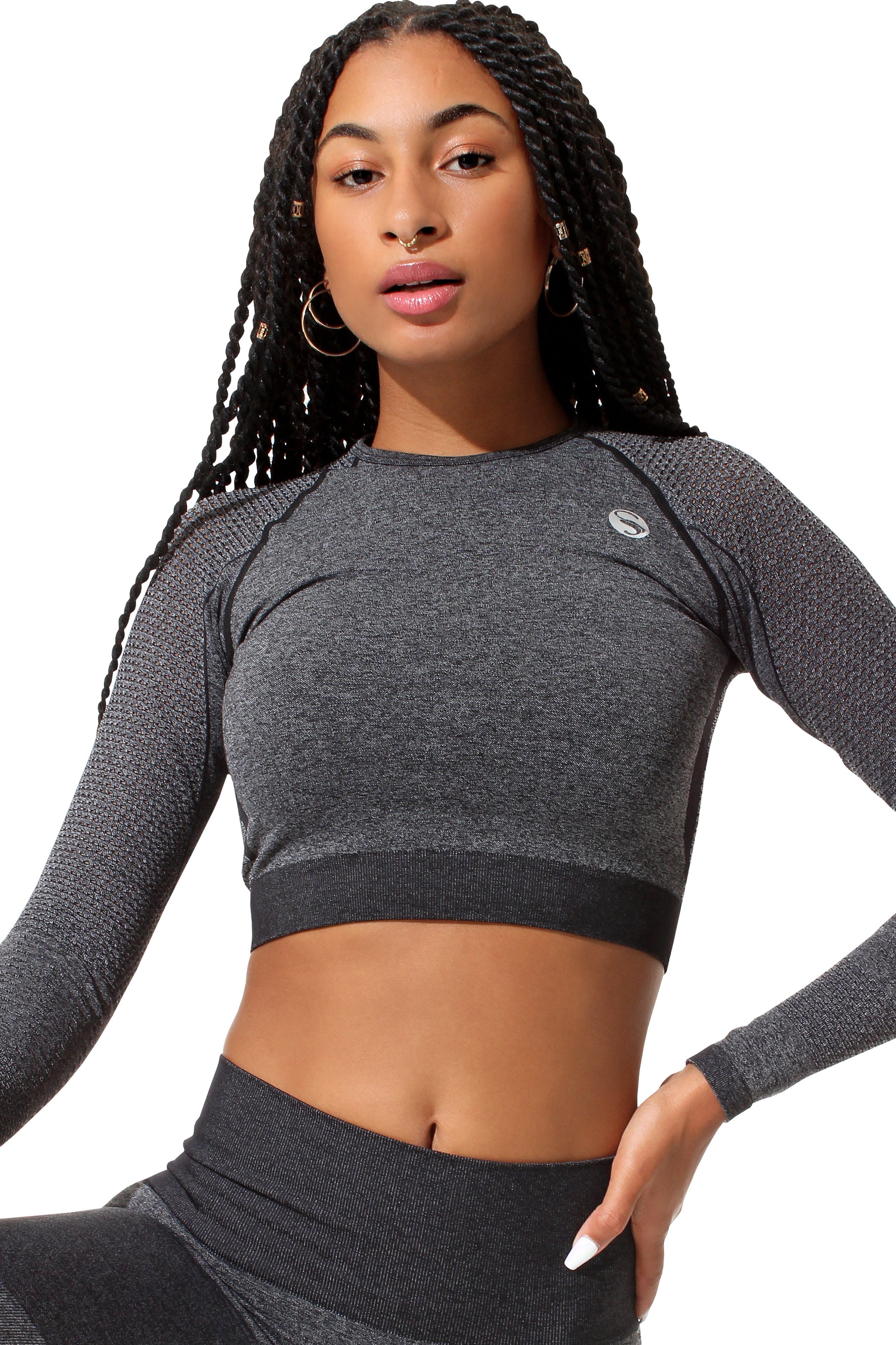 Stark Soul® Crop-Top Crop-Top Top Schwarz-Melange Longsleeve Sport