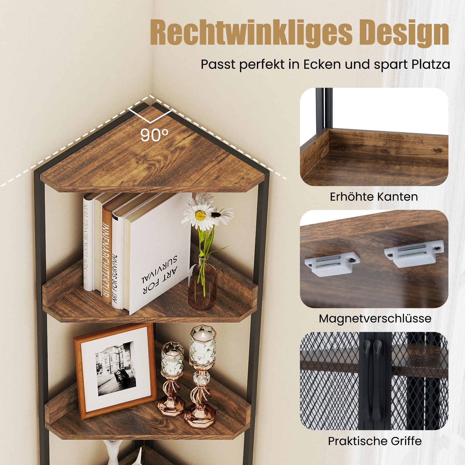 COSTWAY Standregal, Eckregal Bücherregal mit Schrank, Metall 170cm
