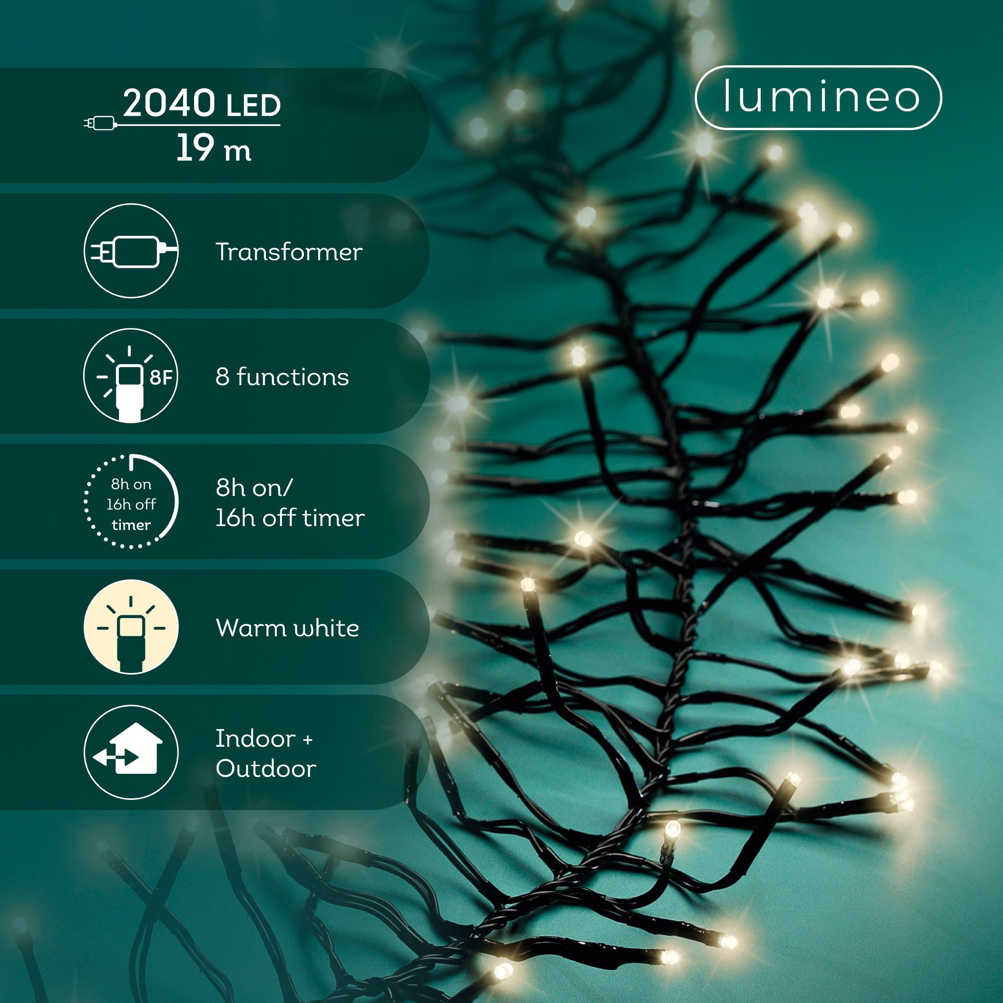 Lumineo LED-Lichterkette Lumineo Lichterkette CLUSTER TWINKLE 2040 LED 19 m warm weiß, schwarz, Indoor/Outdoor, 8 Effekte, 8h-Timer, + 5 Meter Zuleitung – Bild 2 von 5