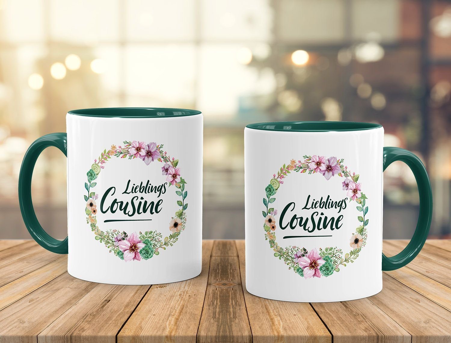 MoonWorks Tasse Kaffee-Tasse Geschenktasse Geschenk Blüten Lieblingscousine Blumenranke Bordüre Cousine grün Familie MoonWorks®, für Keramik Blumen