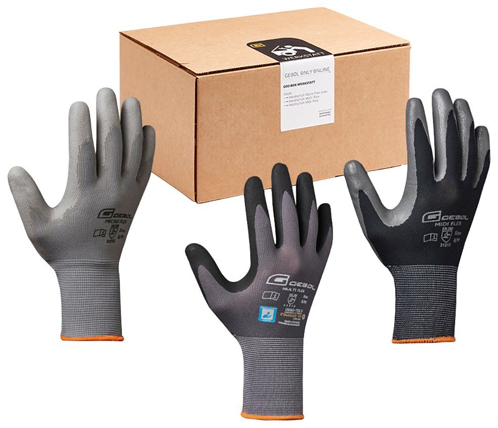 Gebol Arbeitshandschuh-Set Werkstatt 12 Paar Handschuhe und 1 Schutzbrille | Arbeitshandschuhe