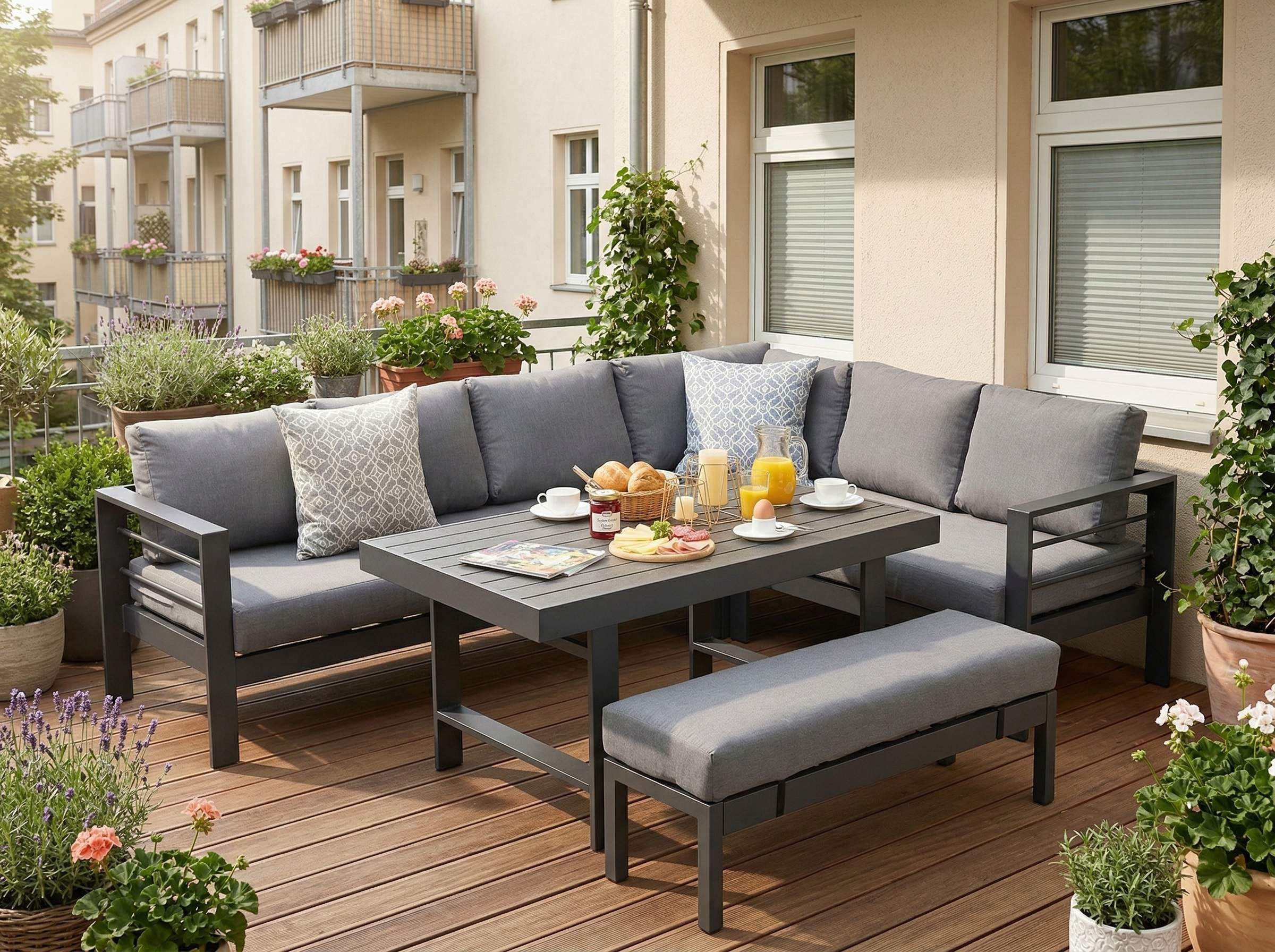 MeXo Gartenlounge-Set Outdoor Gartenmöbel Lounge-Set für 6-8 Personen, (Aluminium-Ecklounge, rechte Ecke, 5-tlg., wetterfest & pflegeleicht), großer Esstisch 130×80 cm, bis 140 kg belastbar je Sitz