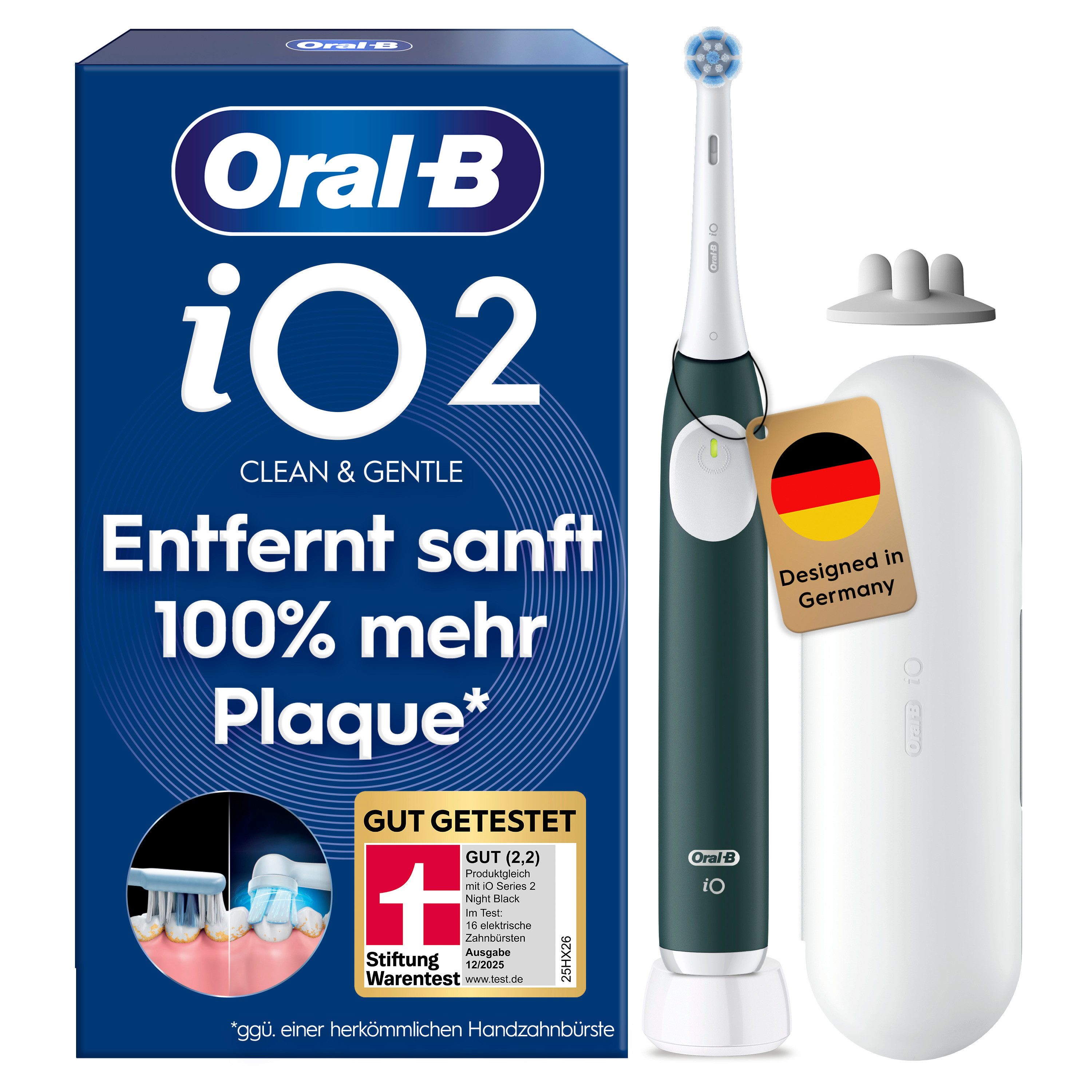 Oral-B Elektrische Zahnbürste iO Series 2, Aufsteckbürsten: 1 St., für die sanfte Reinigung, Reise-Etui, Aufsteckbürstenhalter