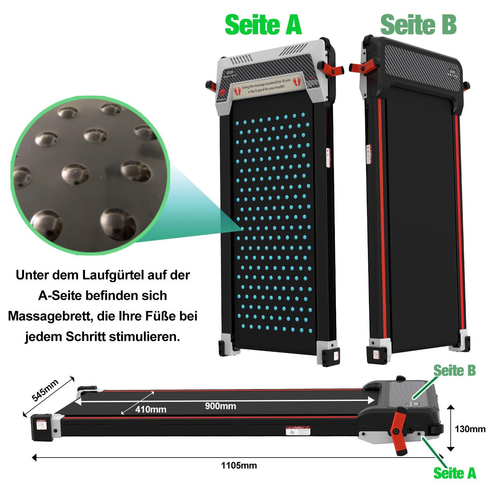 CITYSPORTS Laufband Heim-Laufbänder mit Steigung, beidseitig, mit Fußmassagematte-Funktion (Mit Tools und Schmiermitteln), 440W Bürstenloser Motor, 1-6KM/H, max. Last 120KG, Walking/Jogging Pad