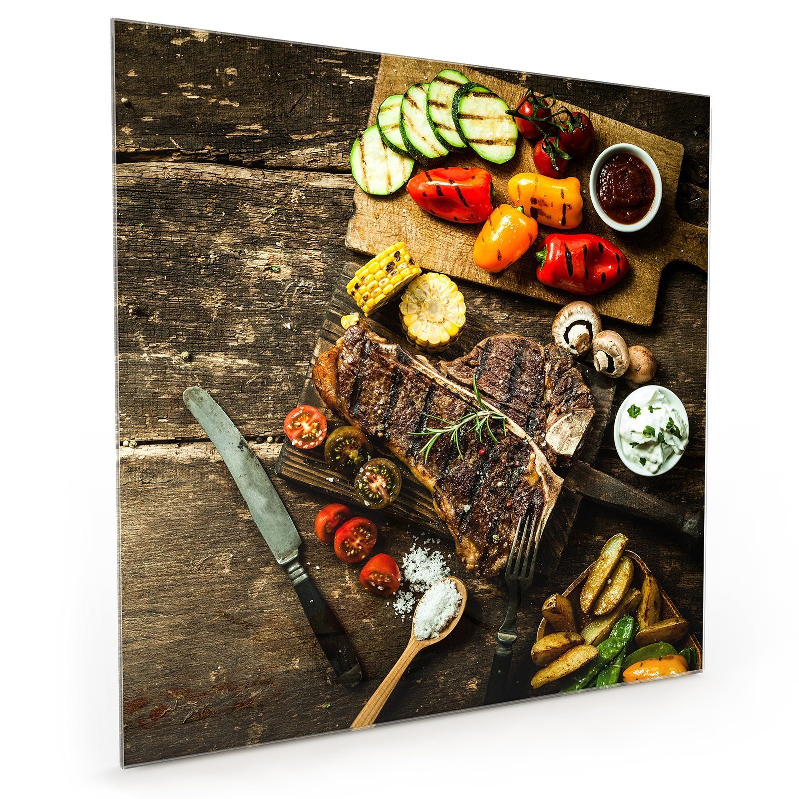 Primedeco Küchenrückwand Küchenrückwand Spritzschutz Glas mit Motiv Gegrilltes T-Bone Steak