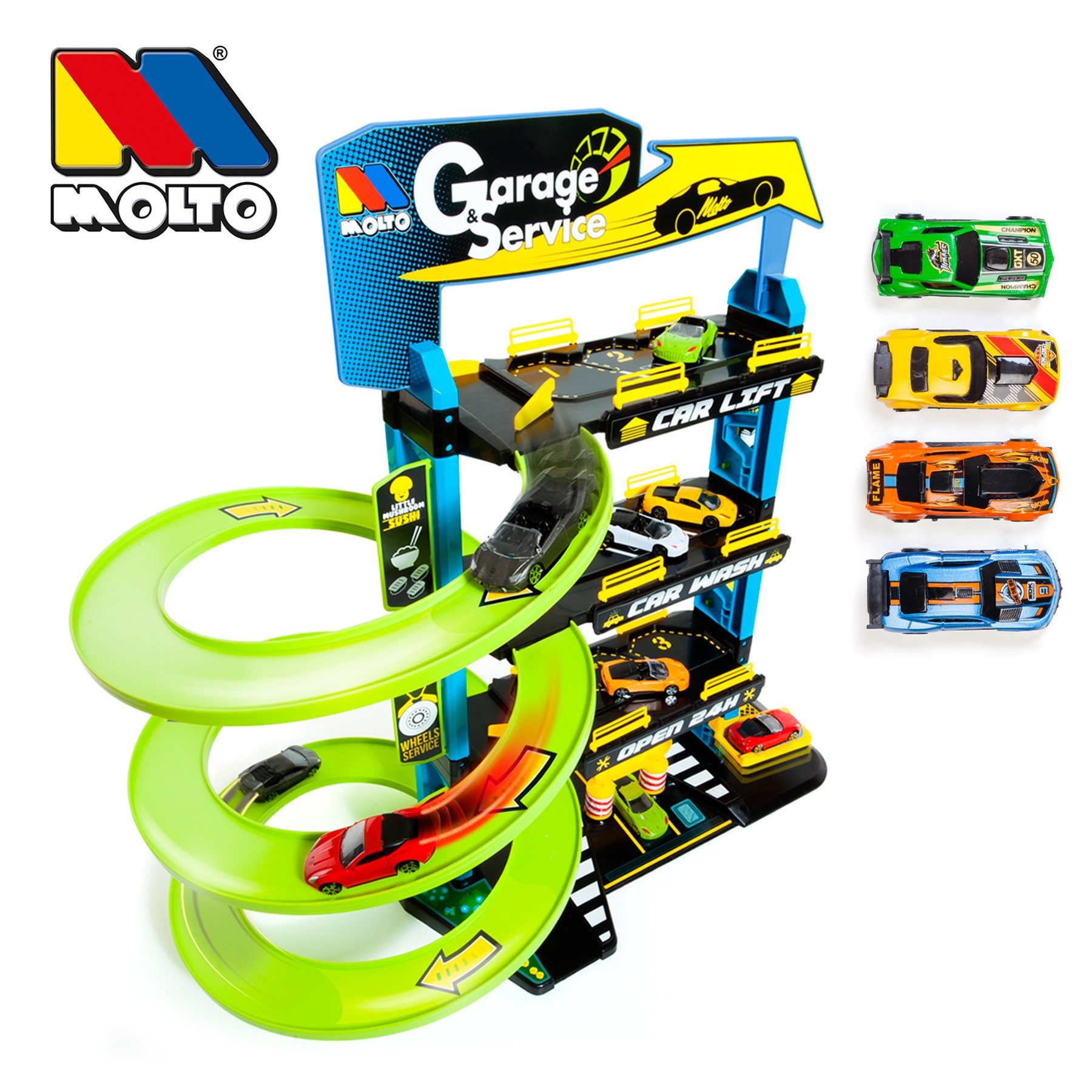 MOLTO Spiel-Parkgarage Parkhaus mit 4 Fahrzeugen und 4 Spielebenen (komplet günstig online kaufen