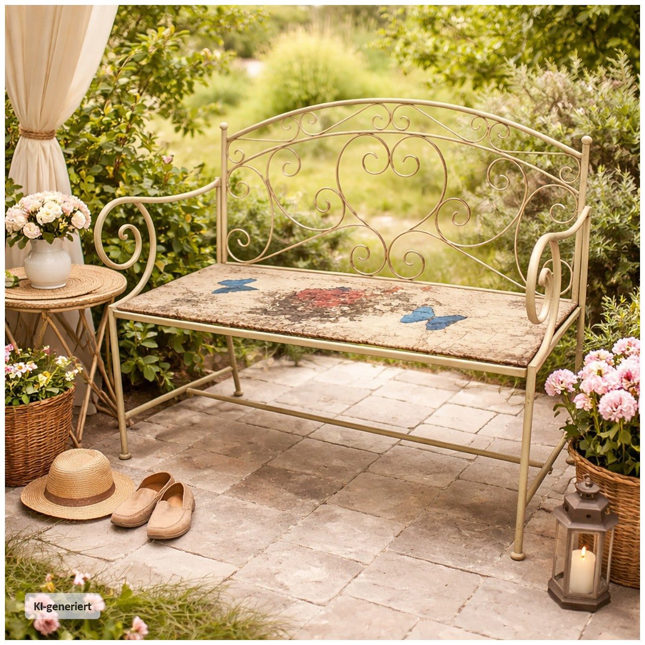 HTI-Living Gartenbank Flowers and Plants Metall creme mit Motiv Sitzfläche (1x Gartenbank Flowers and Plants aus Metall)