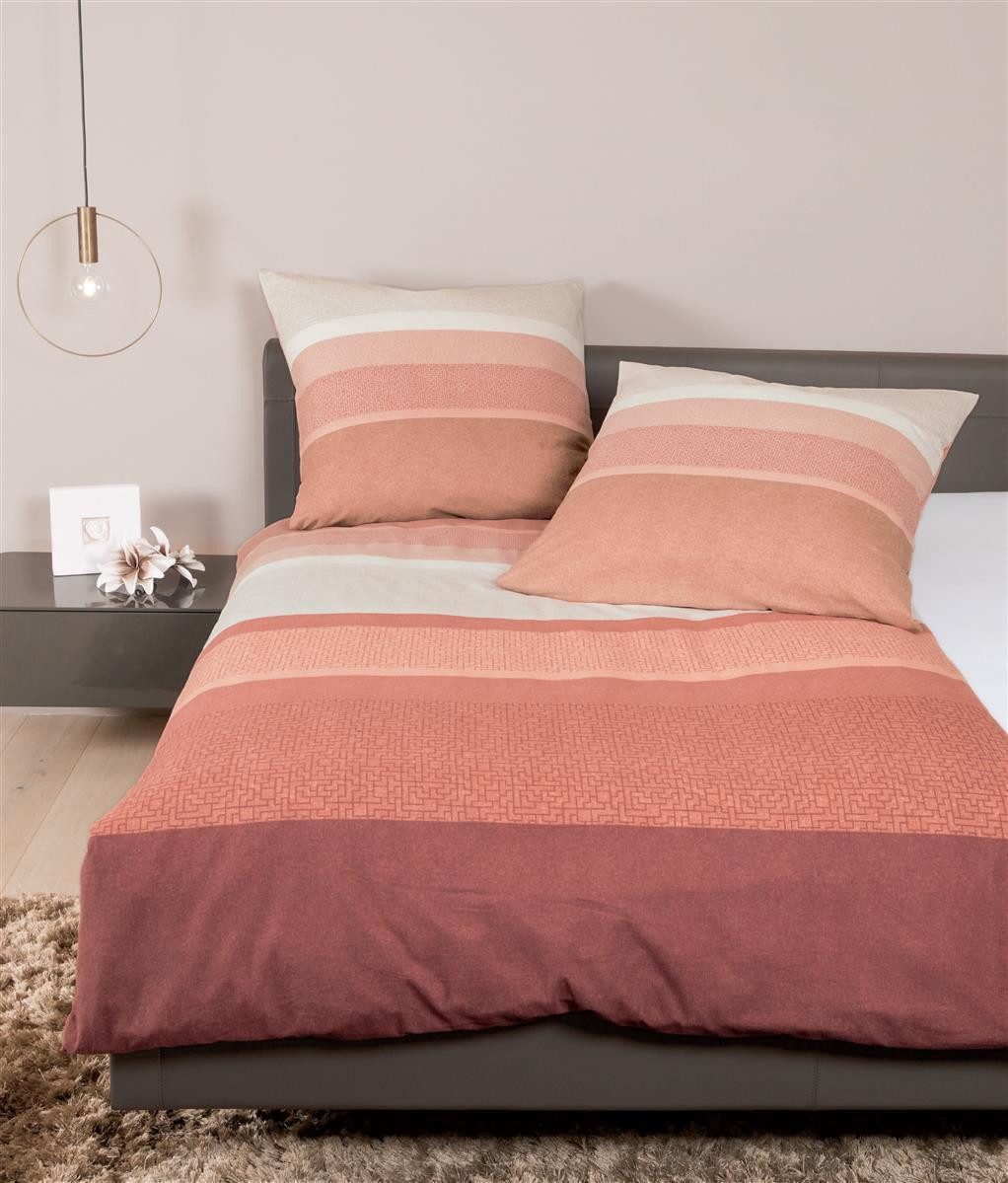 Janine Bettwäsche Janine Feinbiber Bettwäsche Davos 200x200 Streifen terra apricot, Biber, 3 teilig
