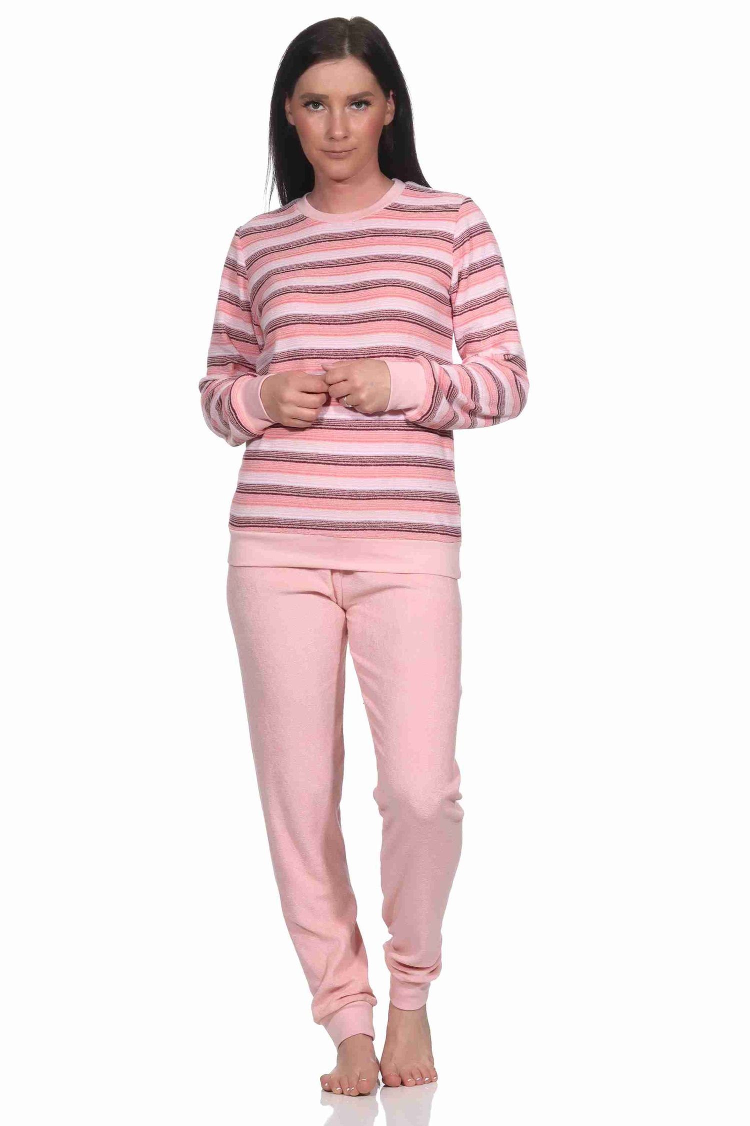 rosa Normann Streifendesign mit Damen Frottee Bündchen eleganten in Pyjama Schlafanzug