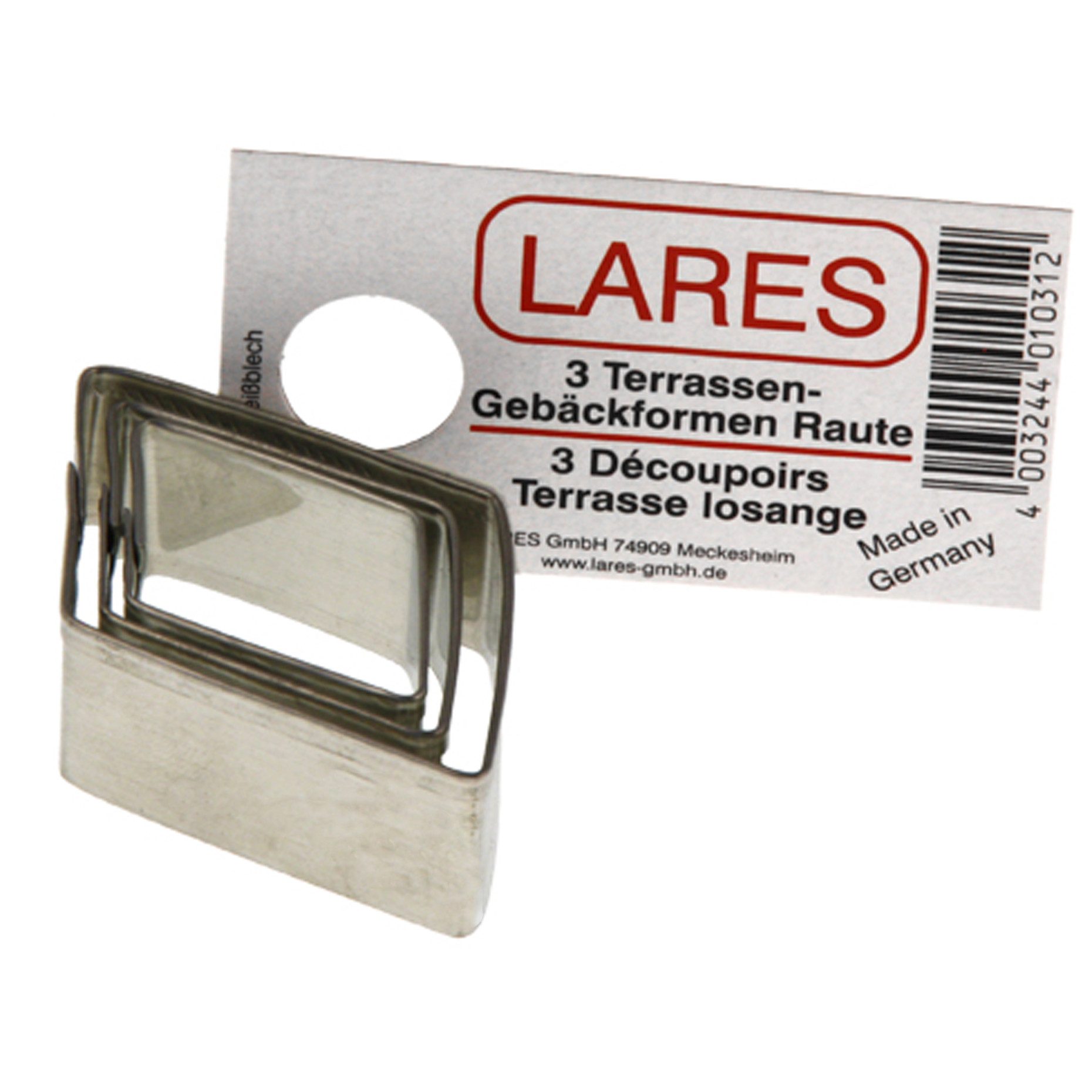 LARES Ausstechform 3-tlg. Terassen Set - Raute - Größe ca. 4,5 - 6,5 cm - Weißblech, Weißblech, verschiedene Größen - Förmchen zum Backen - Made in Germany