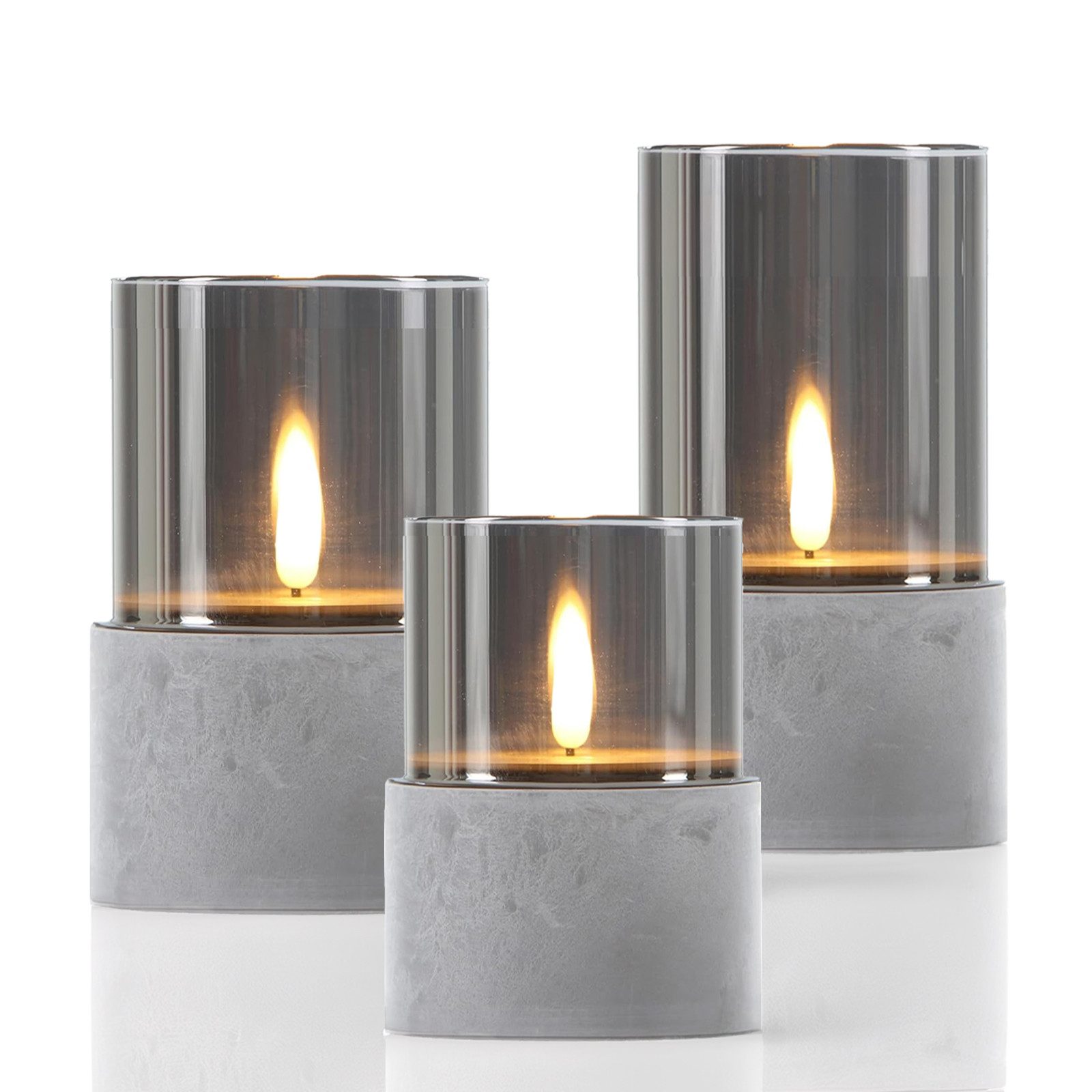 Kerzenständer 3er Set LED Kerze Glas Windlicht Grau Fumar