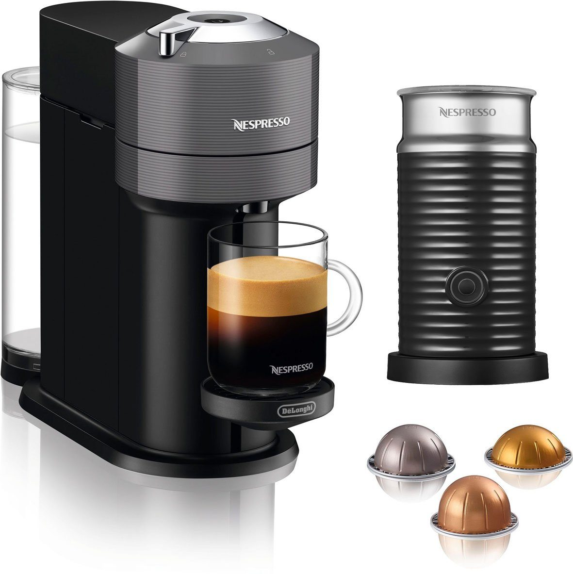 Kapselmaschine Grey, 75,- im von von ENV inkl. Nespresso De'Longhi DeLonghi, UVP Vertuo Milchaufschäumer 120.GY € Aeroccino Wert Dark Next