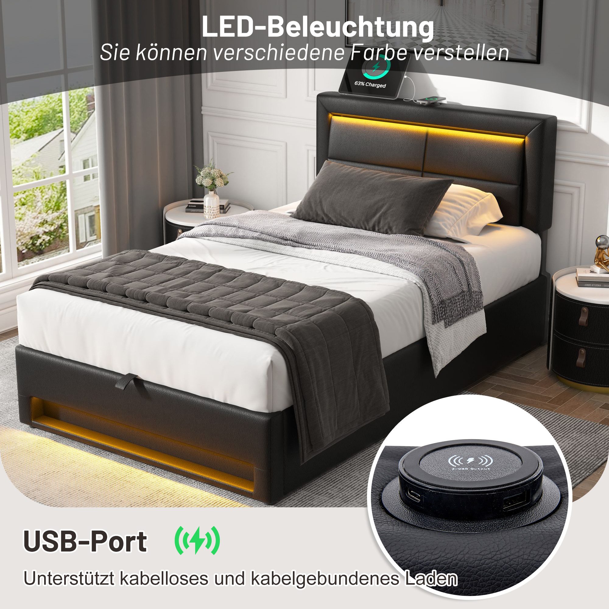 Flieks Polsterbett, LED Einzelbett 90x200cm mit USB-Anschluss und hydraulischem Stauraum