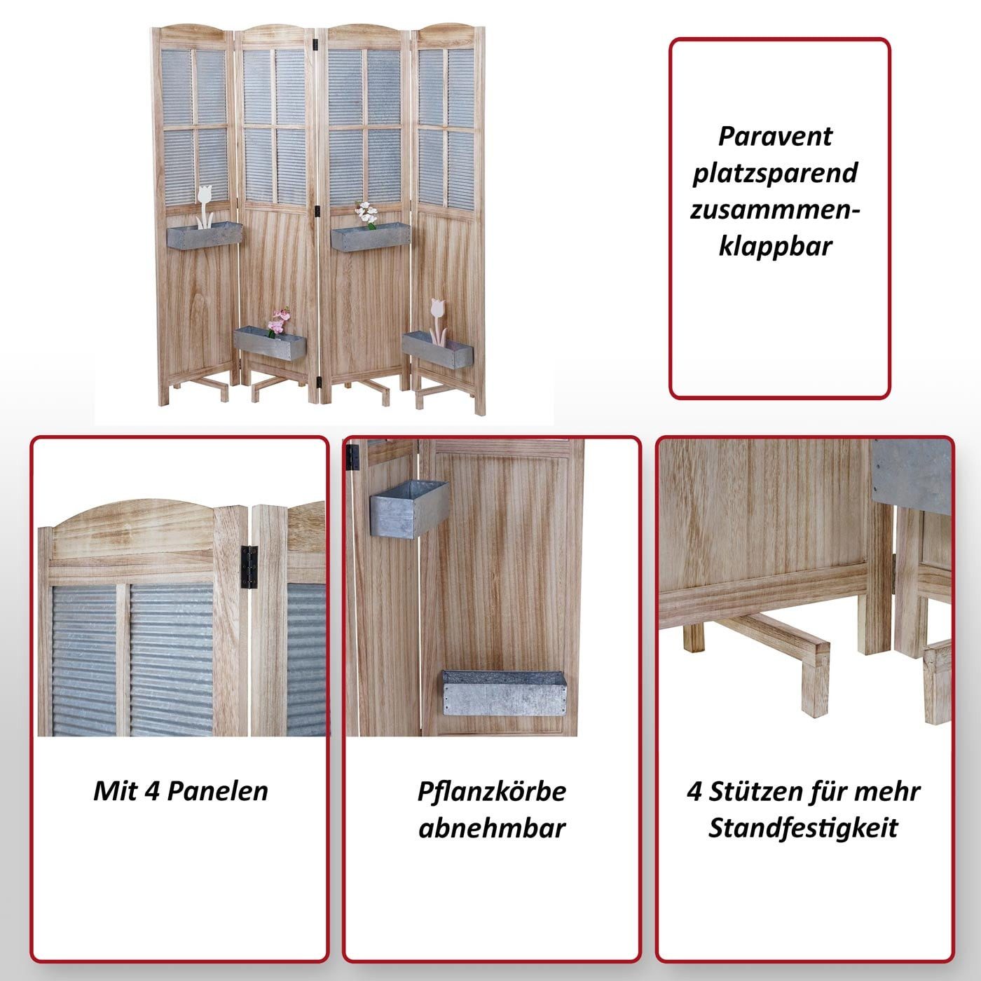 MCW Paravent MCW-D26, Inkl. 4 Pflanzkörbe, Pflanzkörbe abnehmbar, 4 Paneele, 4 Stützen