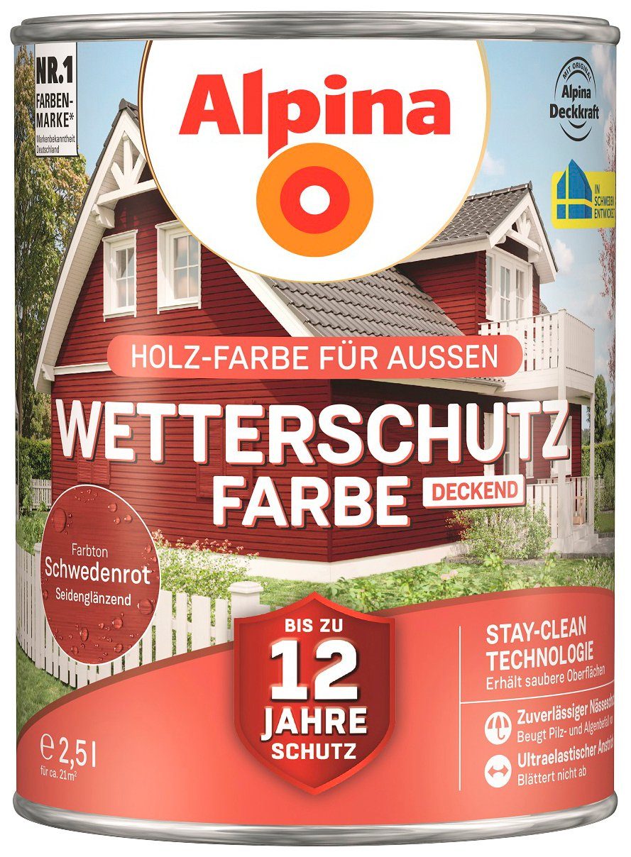 Alpina Wetterschutzfarbe Wetterschutzfarbe, deckend, seidenmatt, 2,5 Liter für ca. 21 m² schwedenrot