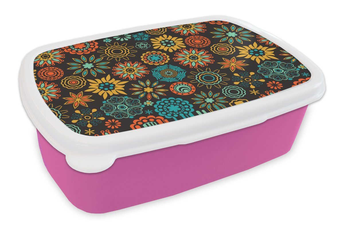 MuchoWow Lunchbox Bohème - Vintage - Blume - Flora, Kunststoff, (2-tlg), Brotbox für Erwachsene, Brotdose Kinder, Snackbox, Mädchen, Kunststoff rosa