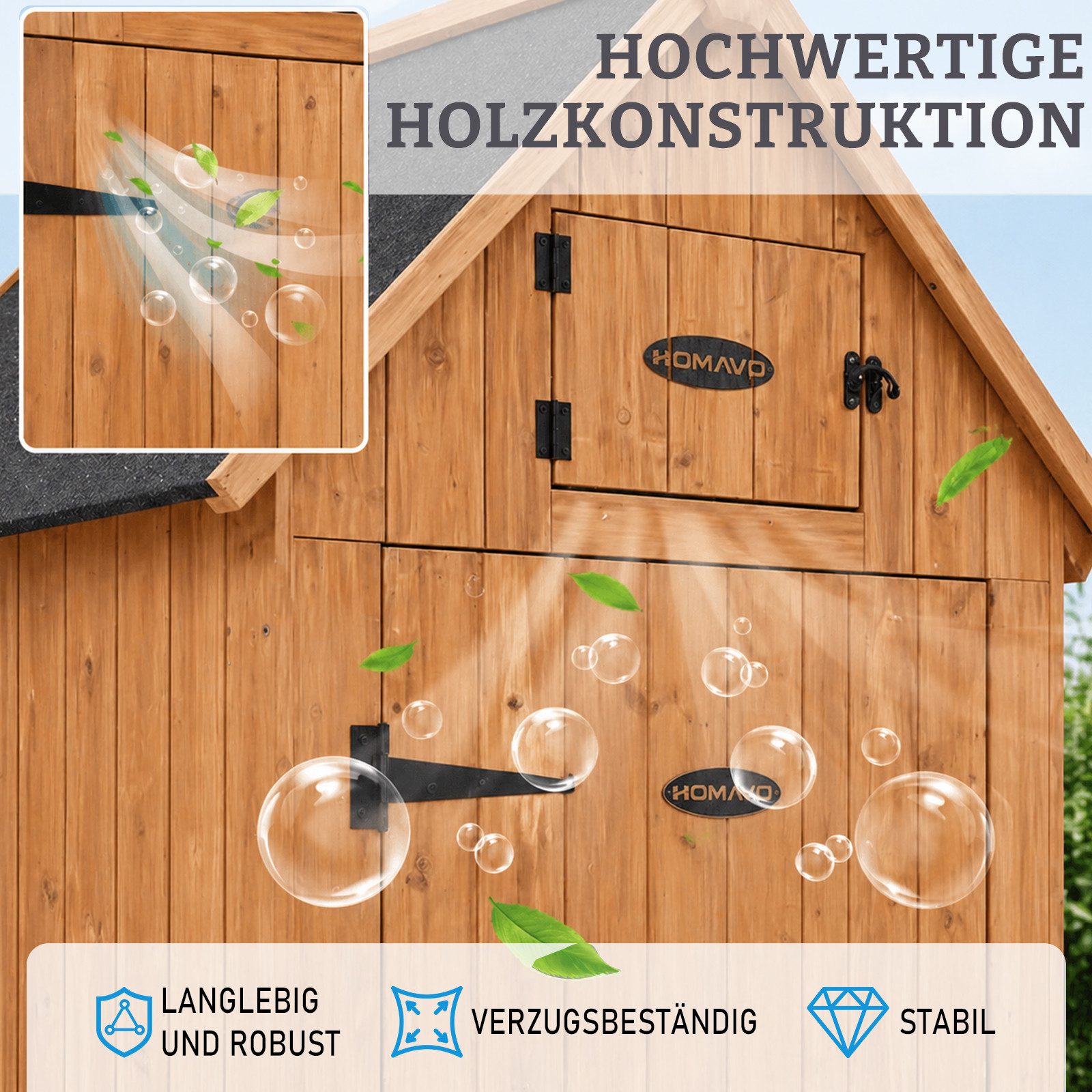 HOMAVO Gerätehaus mit Kaminholzregal Gartenschrank Werkzeugschrank Geräteschuppen, Outdoor-Schrank, Satteldach, mit 3 Einlegeböden, 131 × 54.3 × 179 cm – Bild 5 von 5
