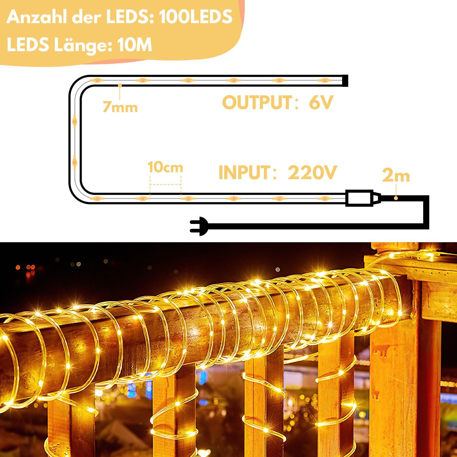 Lospitch LED IP65 Wasserdicht Lichterkette Dekor Lichterschlauch LED Modi LED-Lichterschlauch 8 Warmweiß