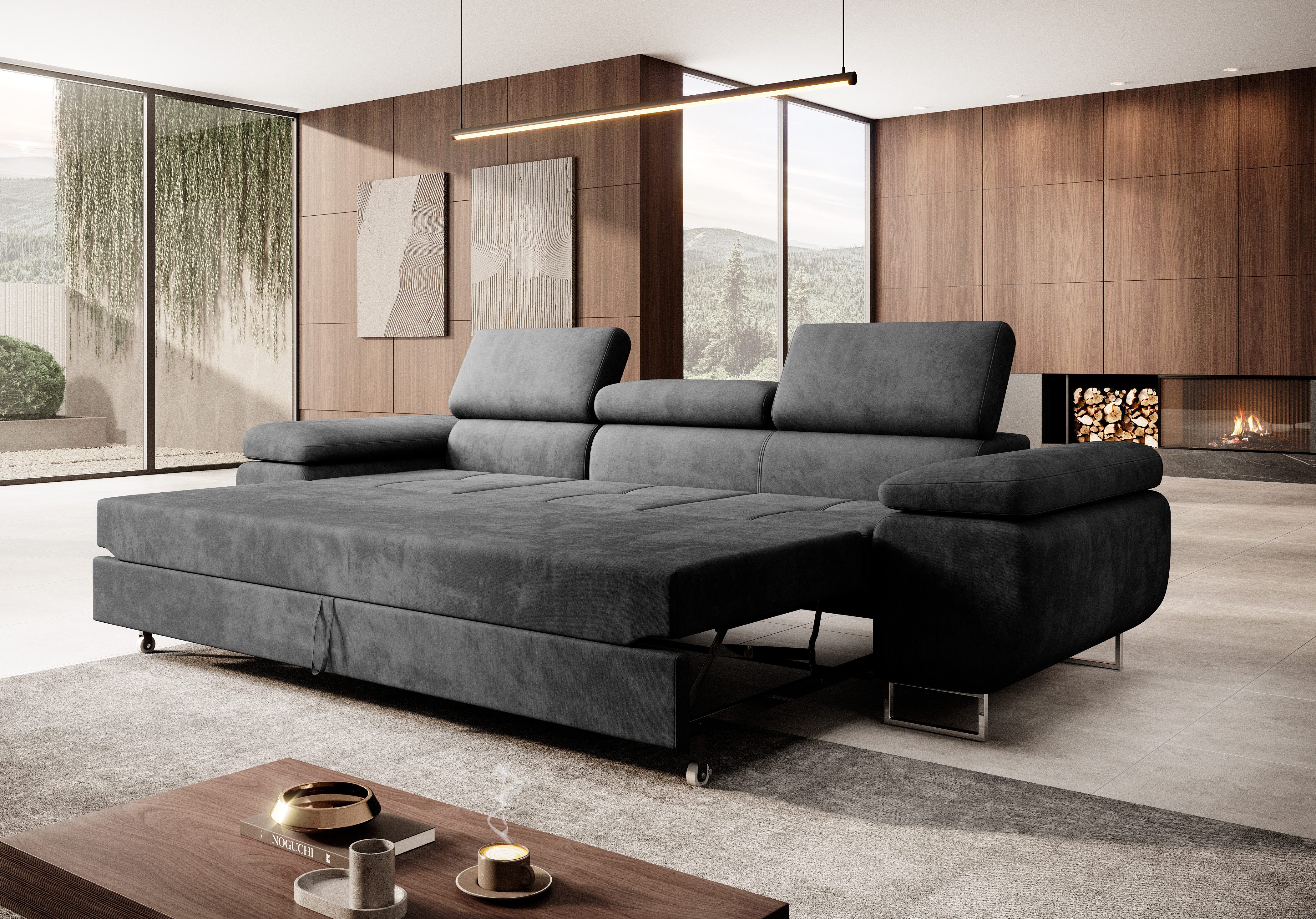 M-Punkt24 Polstergarnitur Miami, (3-2-1 Set, 3-3-1 Set, Samtstoff Grau Anthrazit), mit Bettfunktion und verstellbare Kopfstützen