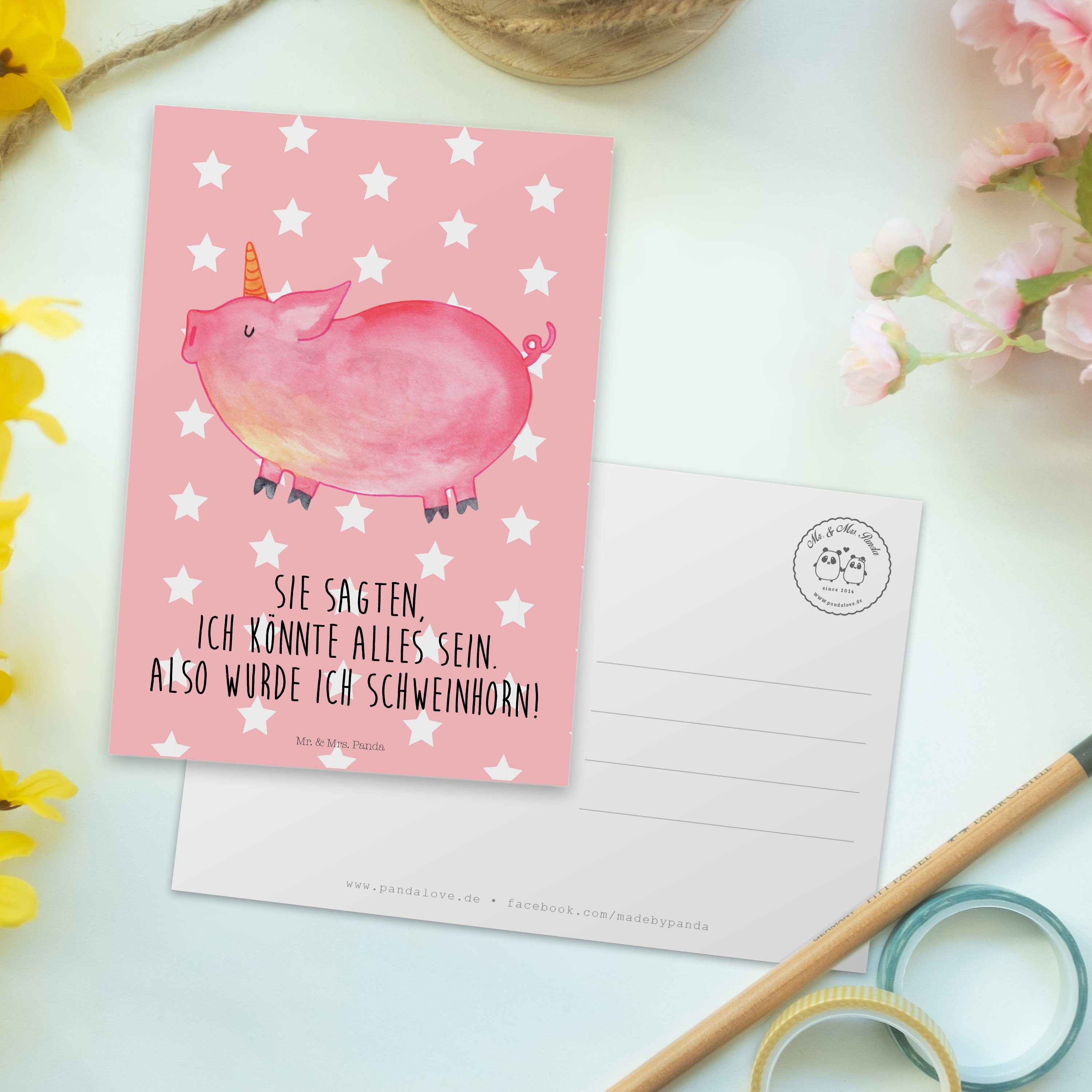 Pastell Panda Geschenk, Einhorn Grußk Geburtstagskarte, Schweinhorn - Mrs. - Rot & Postkarte Mr.
