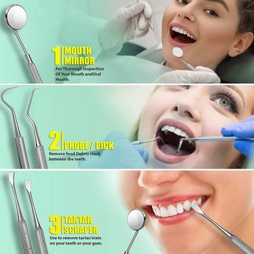 Montegoni Zahnpflege-Set 5er Set für Zahnreinigung Zahnsteinentferner aus Hochwertige Edelstahl, Zahnpflege Set für den Heimgebrauch – Persönliche und Haustier-Mundhygiene, 5-tlg., Zahnsonde Mundspiegel Scaler
