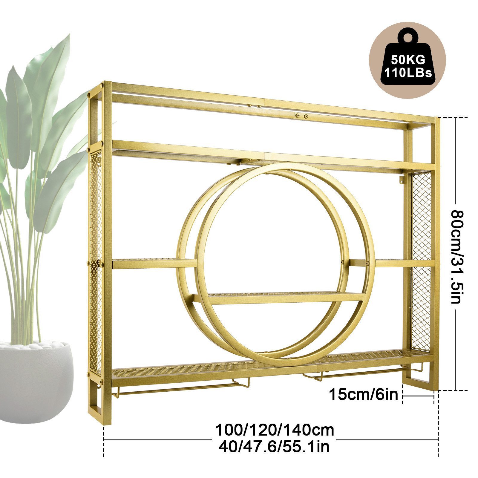 XERSEK Weinregal Wandmontierte Metal Flaschenregal Schwarz Gold Wein Regal Rack Schrank, Platz für 30 Flaschen, Maximale Belastung 50 kg, Klassischer Stil, 3 Ebenen, Aus Kohlenstoffstahl