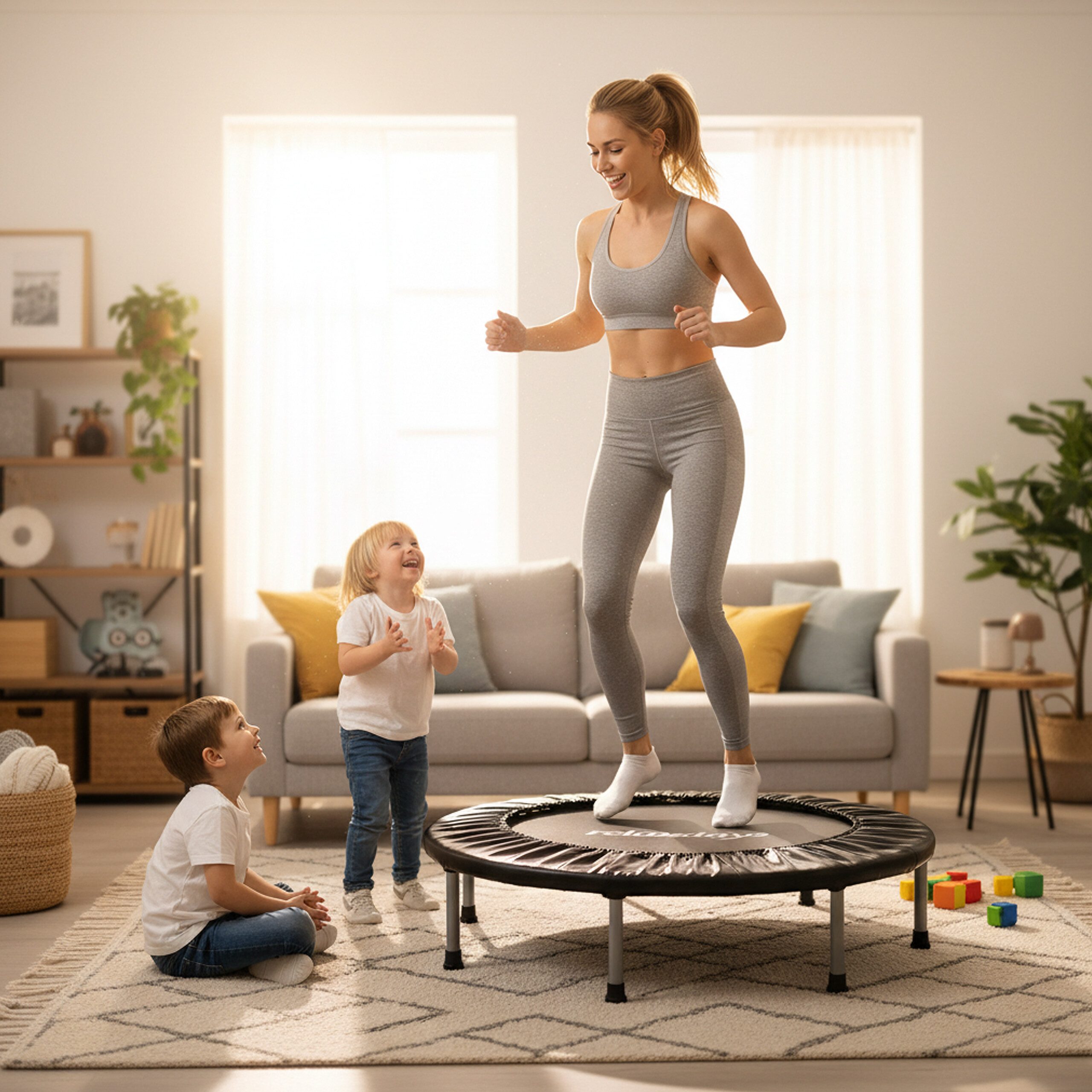relaxdays Fitnesstrampolin Indoor Trampolin Ø 95 cm, blau, 95 cm