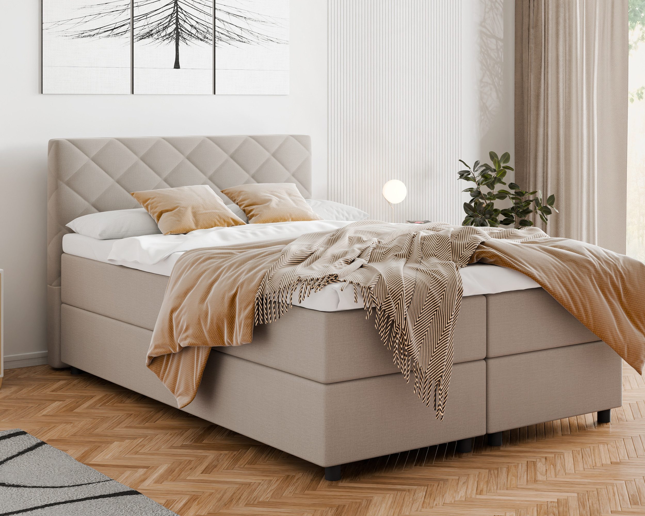 Homesy Boxbett DIAMARO (Boxspringbett inkl. integrierter Matratze und Topper), Praktischer Stauraum mit seitlicher Öffnung