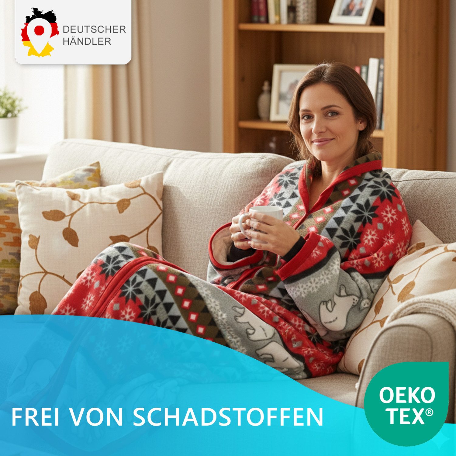 Wohndecke Ärmeldecke CozyBear - tragbare Flanell Sofadecke mit Ärmeln, NYVI, Kuscheldecke mit Ärmeln - TV-Blanket zum Anziehen - Weihnachtsdesign – Bild 4 von 5