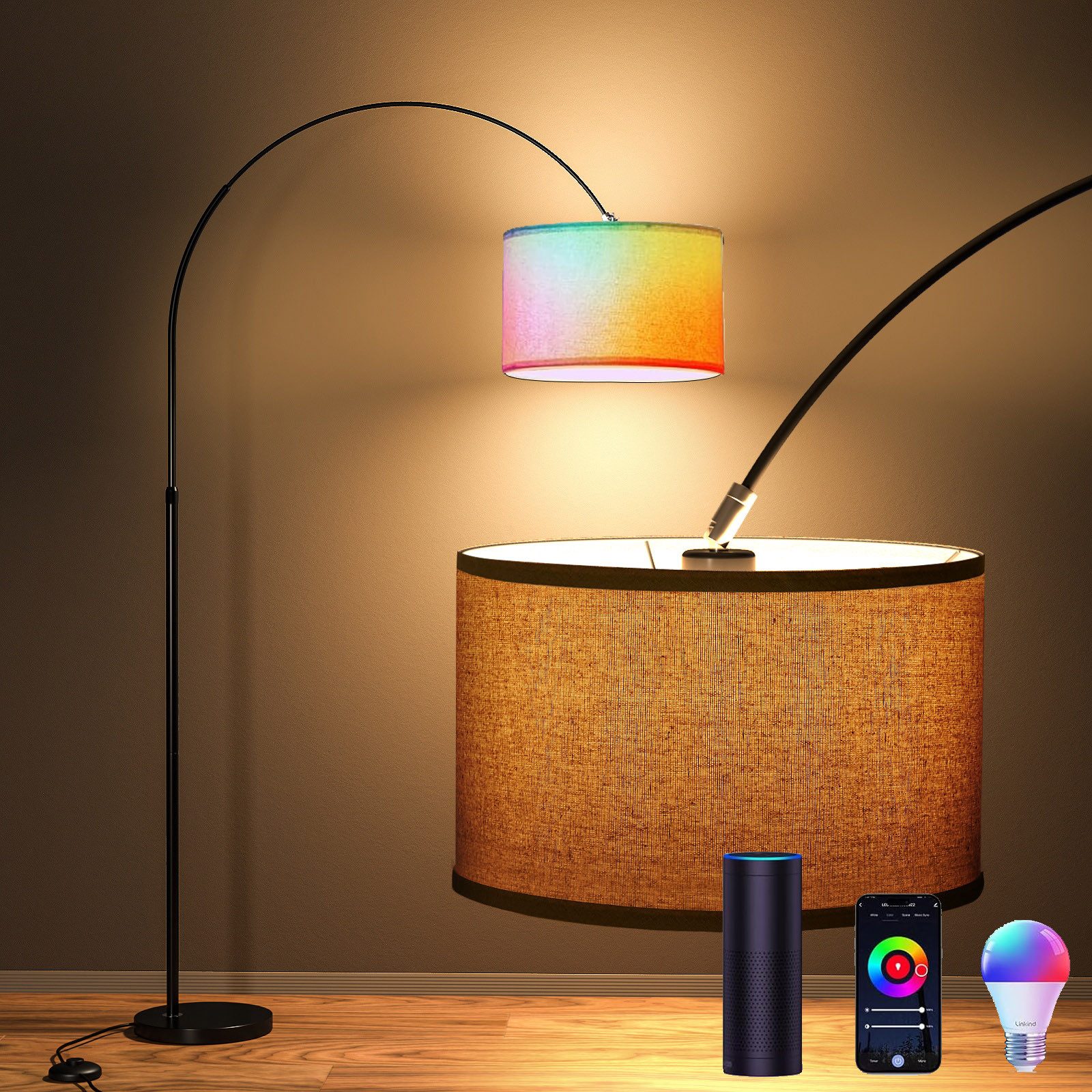 LED Stehlampe mit RGB LED Stehleuchte Bogenlampe Stoffschirm Höhenverstellbar