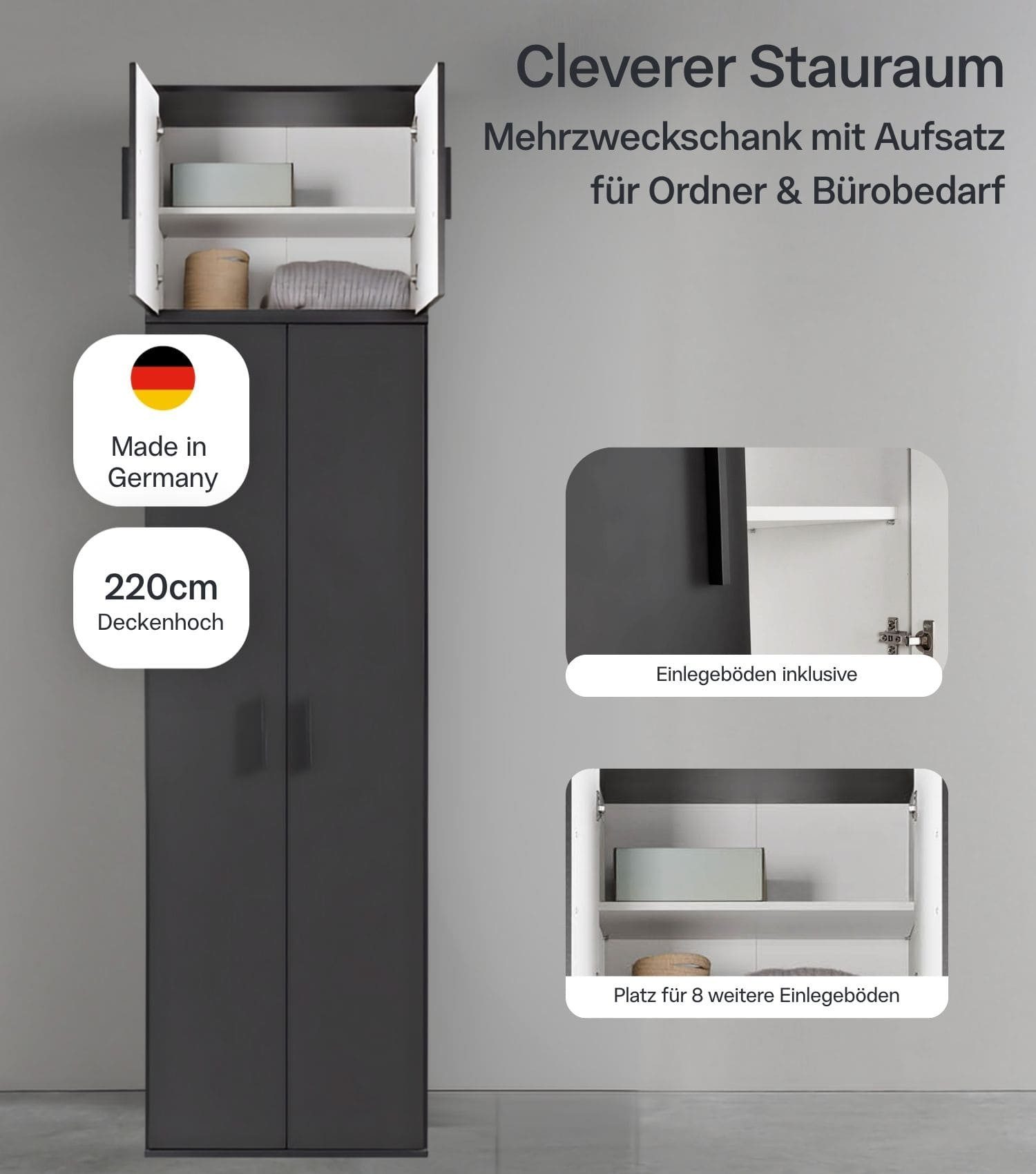mokebo Mehrzweckschrank Der Extralange Made in Germany, Aktenschrank, Flurschrank, Schuhschrank in Anthrazit