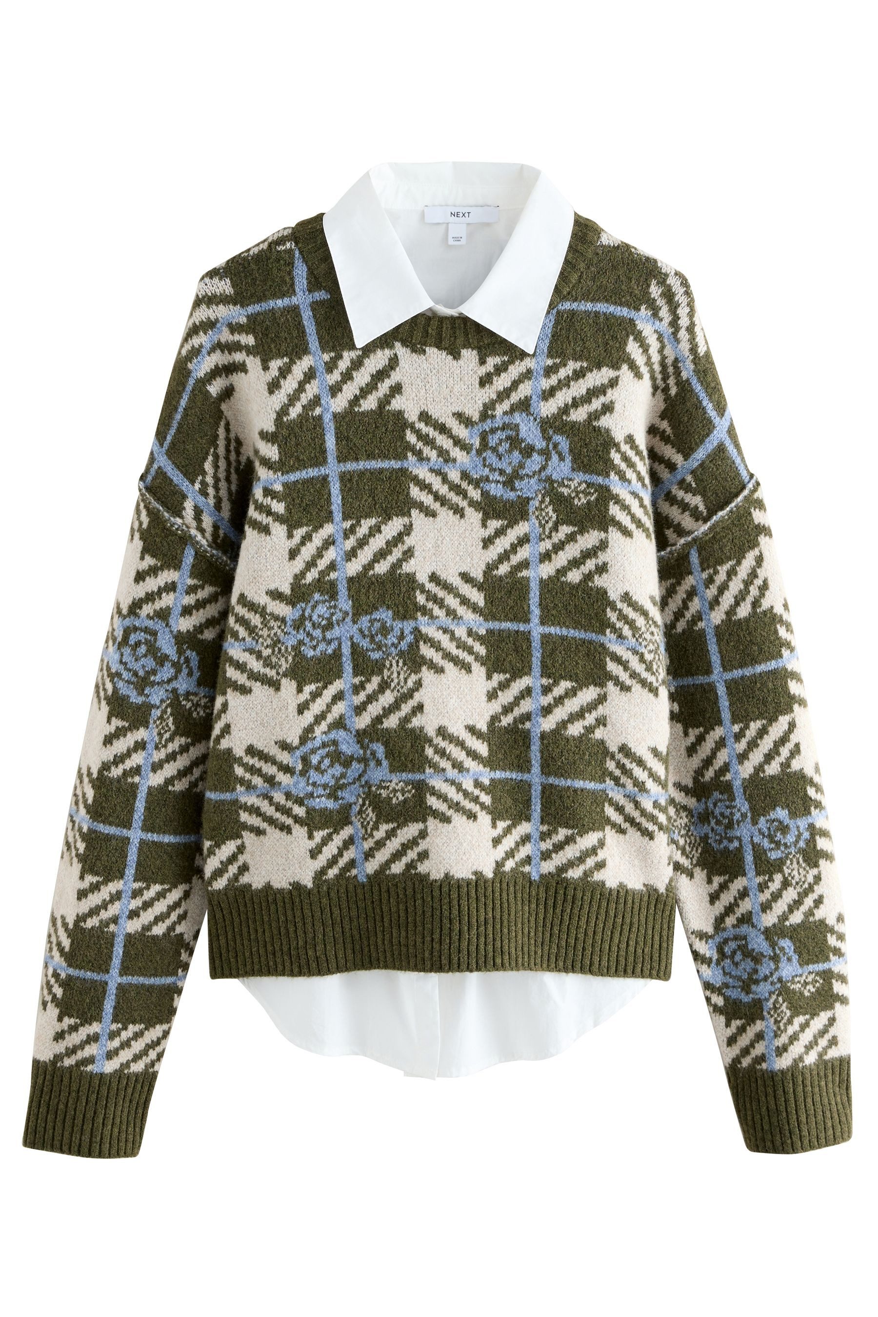 Next Strickpullover Lagen-Strickpullover mit Karo- und Blumenmuster (2-tlg)