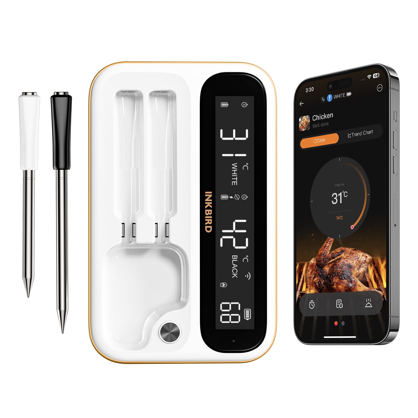 INKBIRD Grillthermometer mit 2 Sonden, Bluetooth Wi‑Fi Kabellos, IP67 wasserdicht, Schwarz, 1-tlg., Ultraklarer Bildschirm