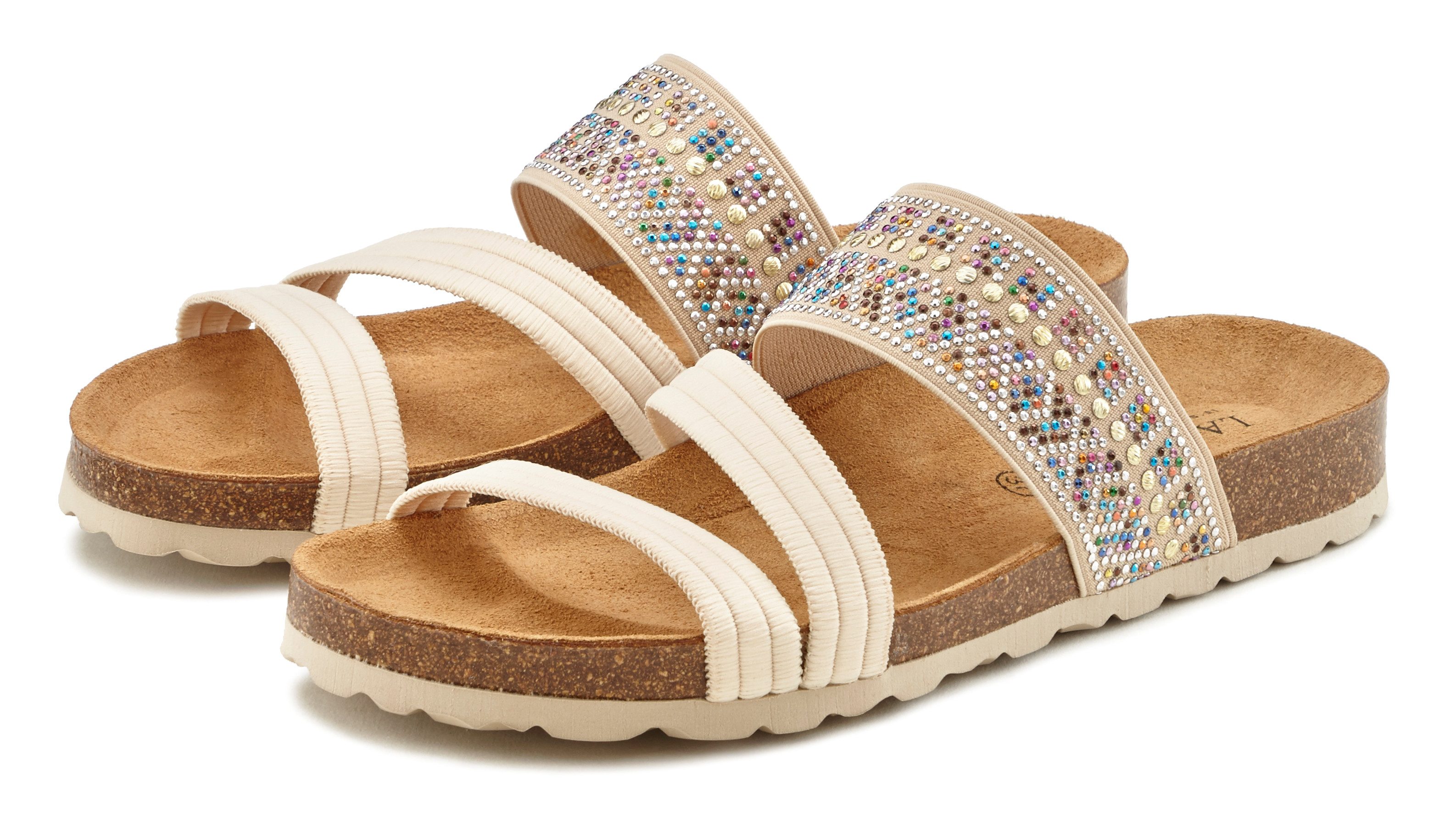 LASCANA Mule, Sandale, offener Schuh, Sommerschuh, Pantolette mit Komfortkorkfußbett aus Leder und elastischen Riemen