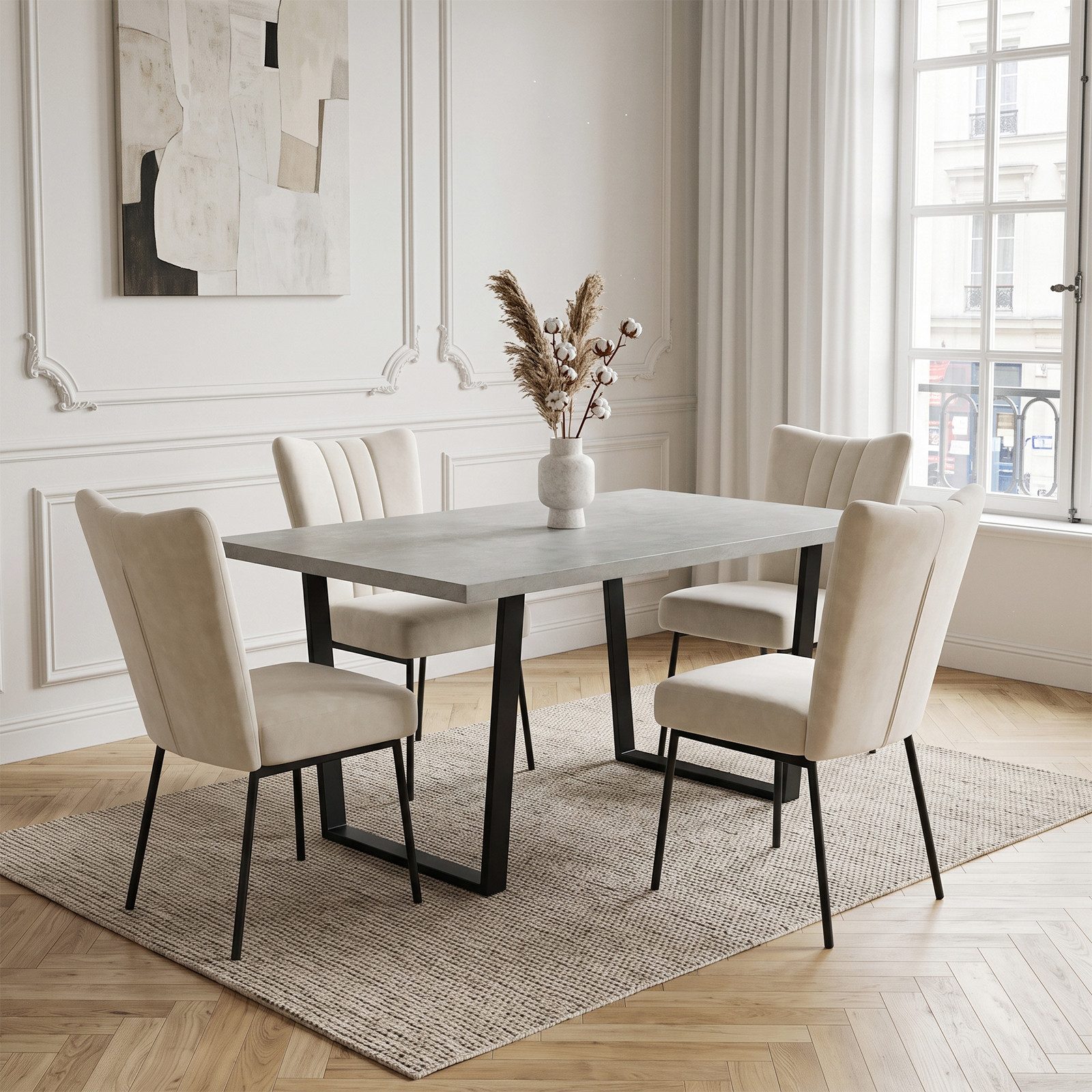 Jiexi Essgruppe Essgruppe 110x70 MDF Tisch mit Samtstühlen U-Metallgestell