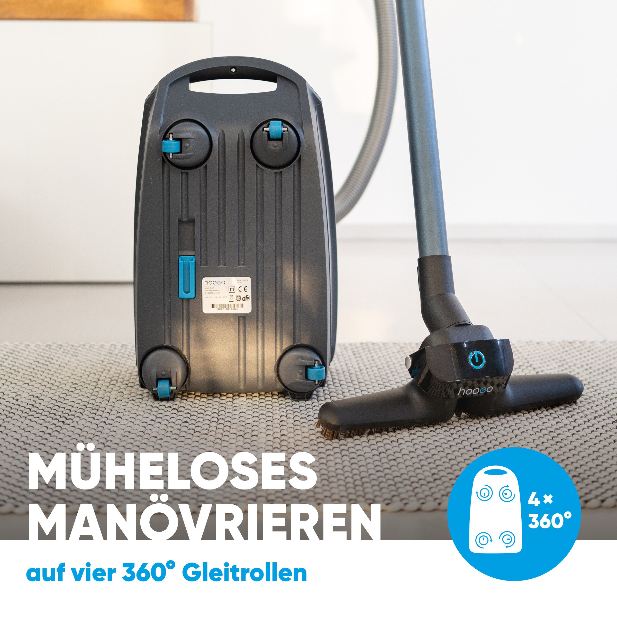 hoogo Bodenstaubsauger B3+ anthrazit flipflop mit High-End Leichtlaufdüse und flipflop-Düse, 850,00 W, mit Beutel, HEPA-14-Filter, ideal für Allergiker, saugt M – Bild 4 von 5