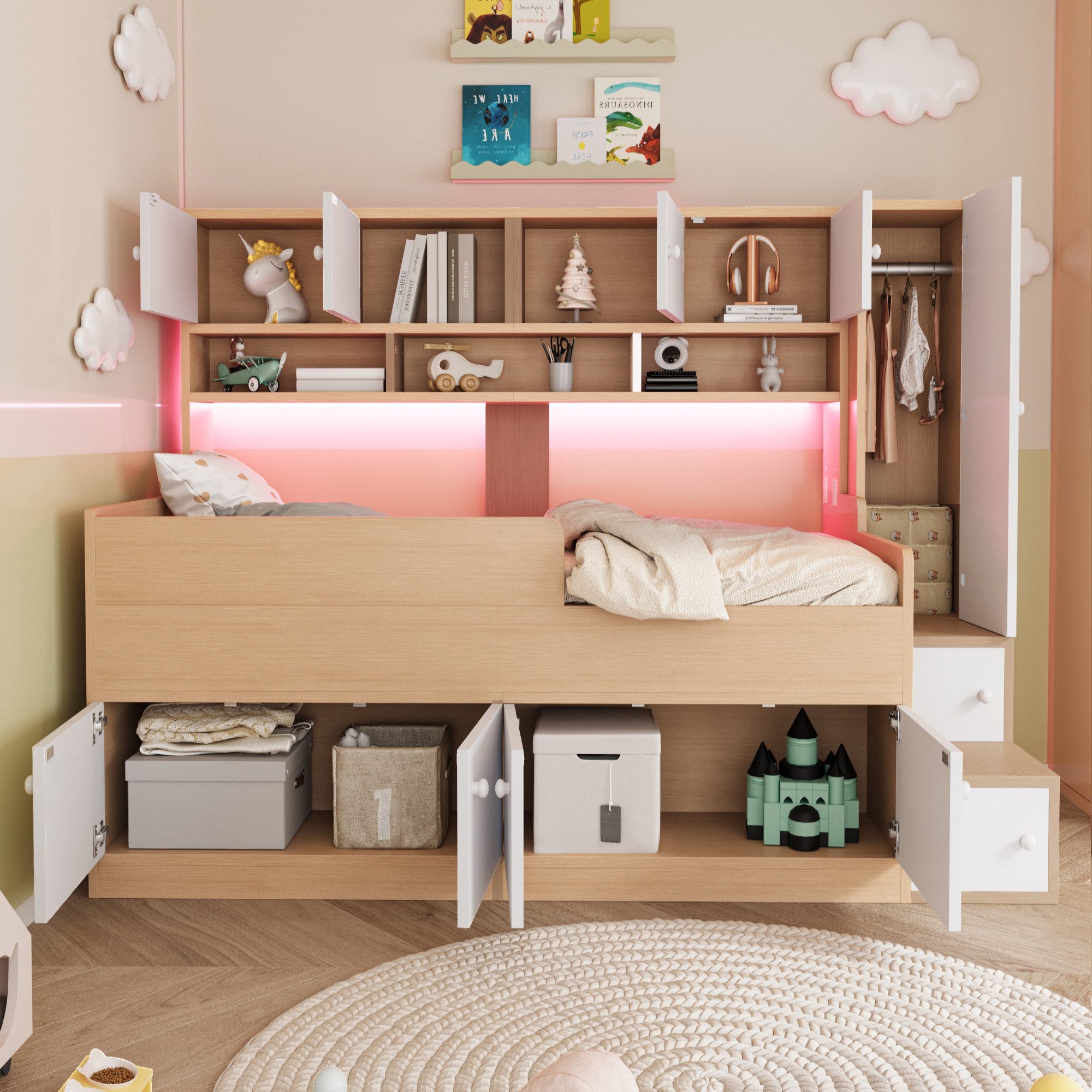 OKWISH Stauraumbett Jugendbett Stauraumbett (mit Stauraum und Kleiderschrank – Inklusive LED-Beleuchtung, Ablagefächern, einfacher Kletterleiter und Sicherheitsgeländer, 90X200 cm), ohne Matratze
