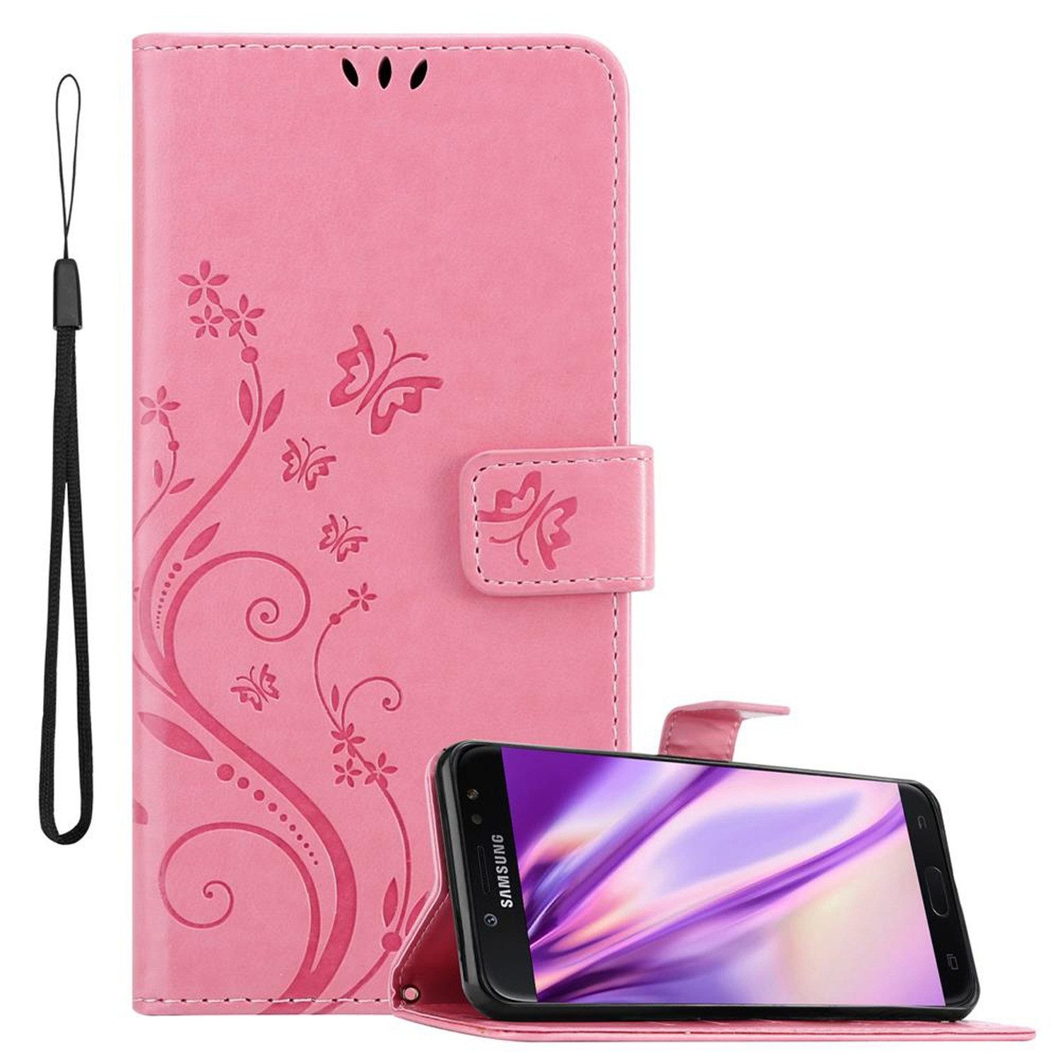 Cadorabo Handyhülle für Samsung Galaxy J7 2018 Hülle Samsung Galaxy J7 2018, Hülle Schutzhülle Blumen Flower mit Standfunktion Kartenfach Magnet
