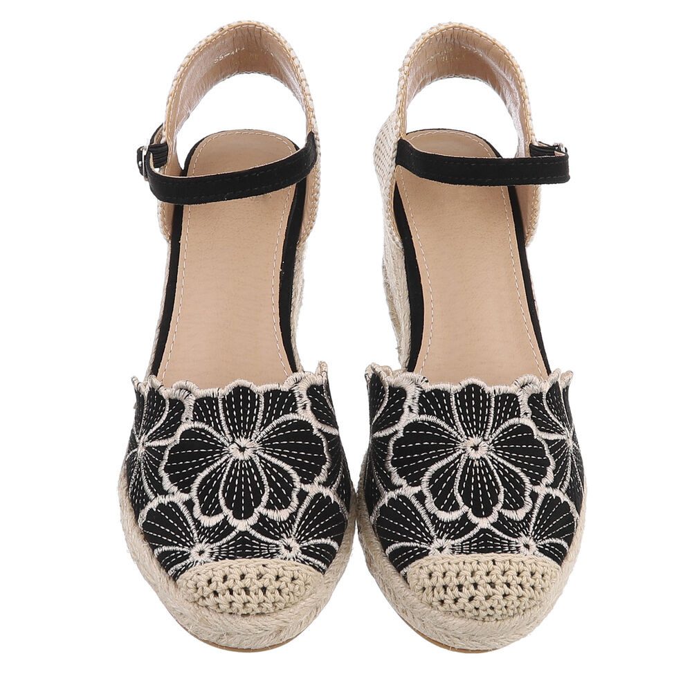 Ital-Design Beige Wedges mit Blumenstickerei – Sommerliche Eleganz Schnürpumps (89372896) Keilabsatz/Wedge Pumps in Schwarz