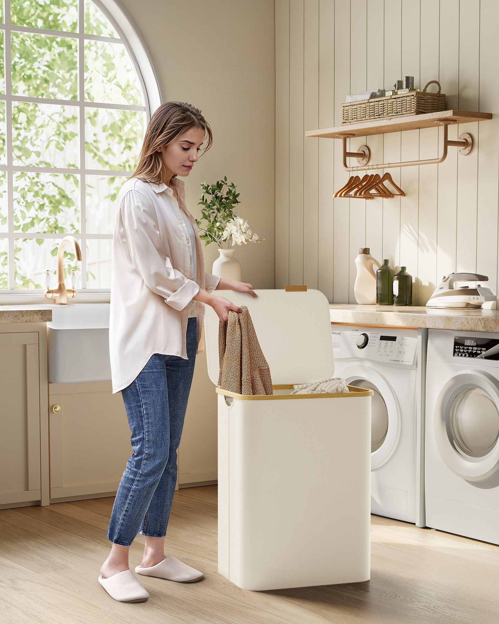 SONGMICS Wäschekorb, mit Deckel, 2 Fächern, 130 L, herausnehmbarer, Griffe günstig online kaufen