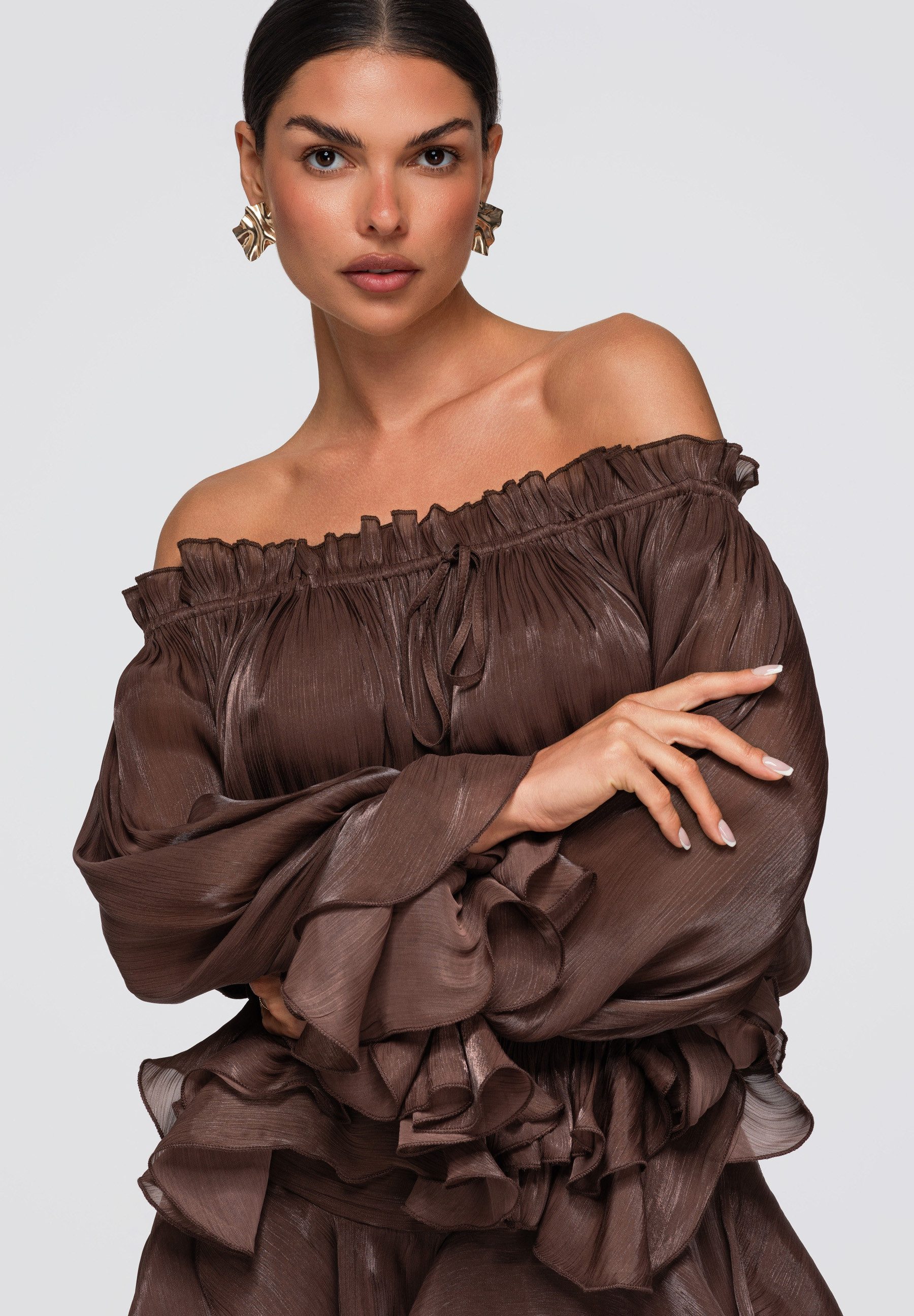 OMBRE Blusentop Damen Blusentop mit Rüschen und Off-Shoulder Design Braun M (kein Set, 1-tlg) fließend