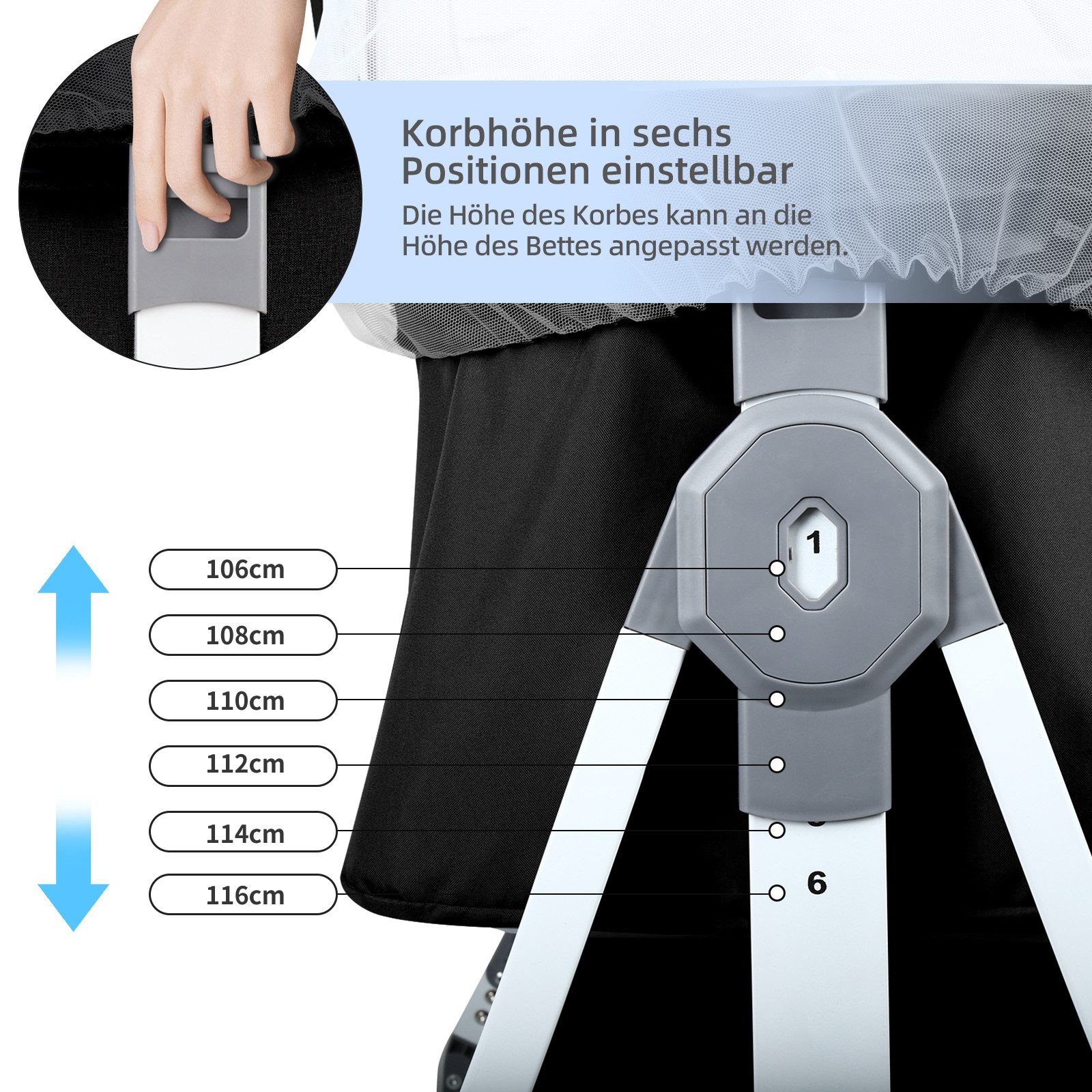 JEOBEST Beistellbett 3 in 1 Babybett, Schaukelmodus, mit atmungsaktivem Netz und Laken, mit Rollen Kinderbett, 6-Fach Höhenverstellung, Moskitonetz, Lagerung – Bild 5 von 5