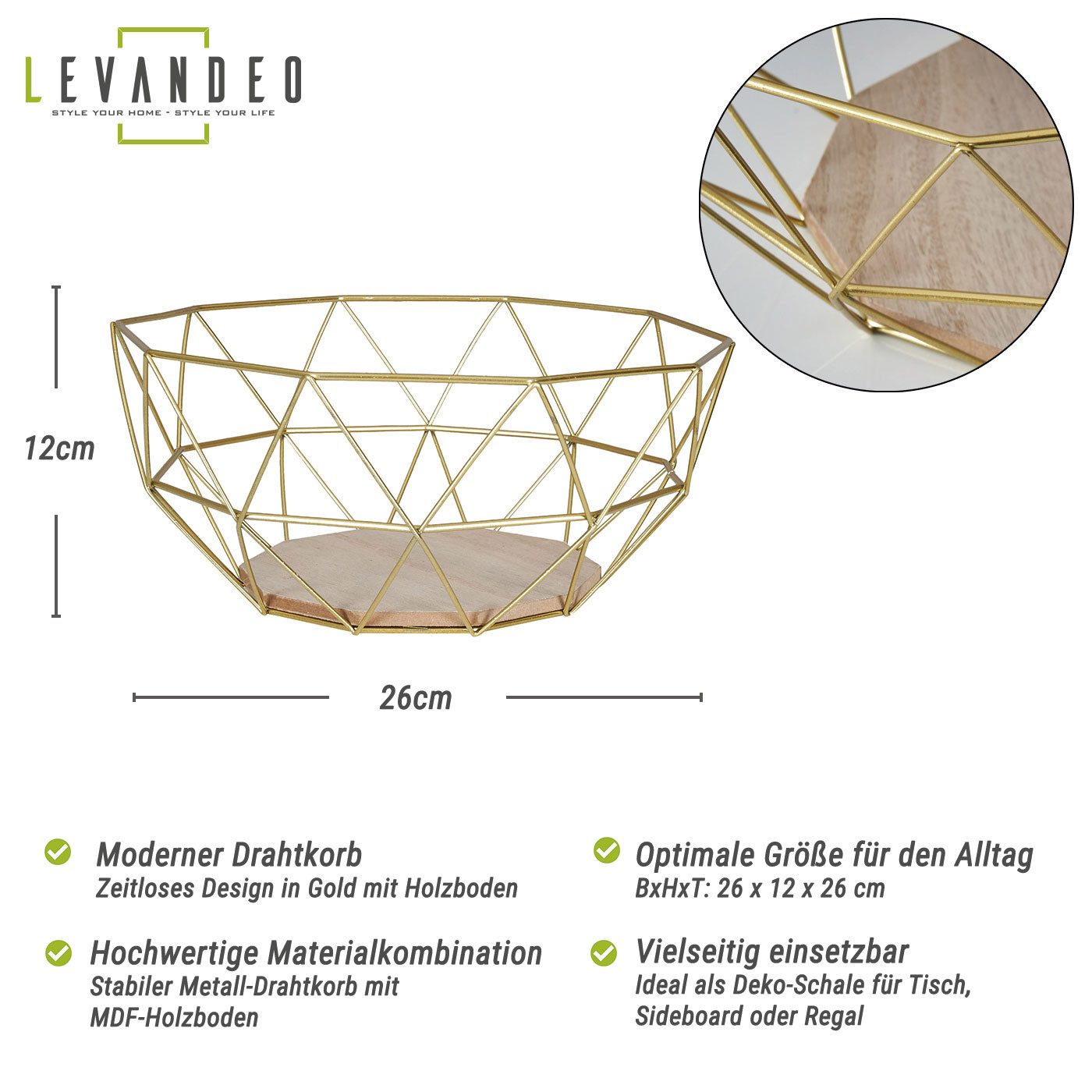 Levandeo® Dekoschale, Korb Metall Gold 26x12cm Modern Holz Schüssel Schale Deko Industrial. € 15,99