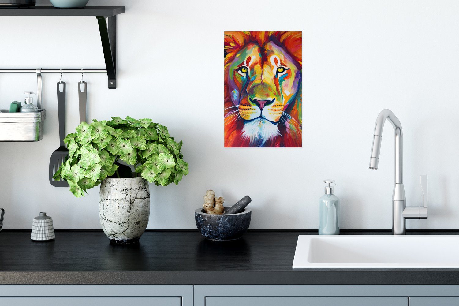 Poster, Wandbild, - Wandposter Tiere Wohnzimmer, Rahmen Ohne für Löwe (1 - MuchoWow - Ölfarbe Poster St), Regenbogen,