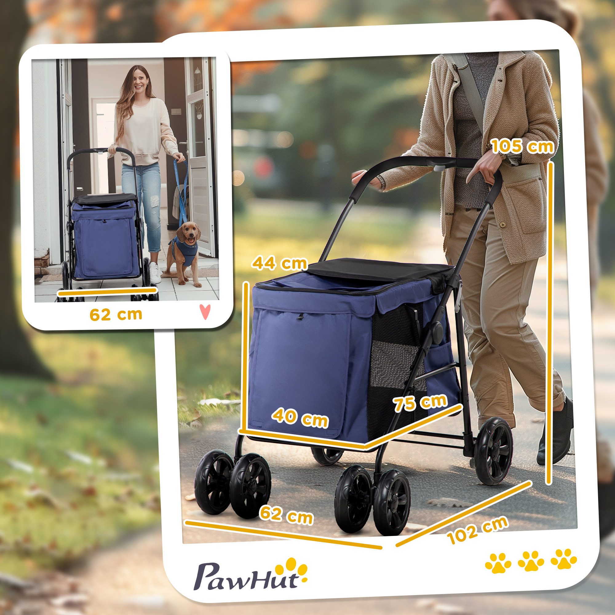 PawHut Hundebuggy Hundewagen, Katzenbuggy, mit Seitentaschen, Netzfenster, (Hundetrolley, 1-tlg), für kleine und mittelgroße Hunde bis 20 kg, Oxford-Gewebe, Blau