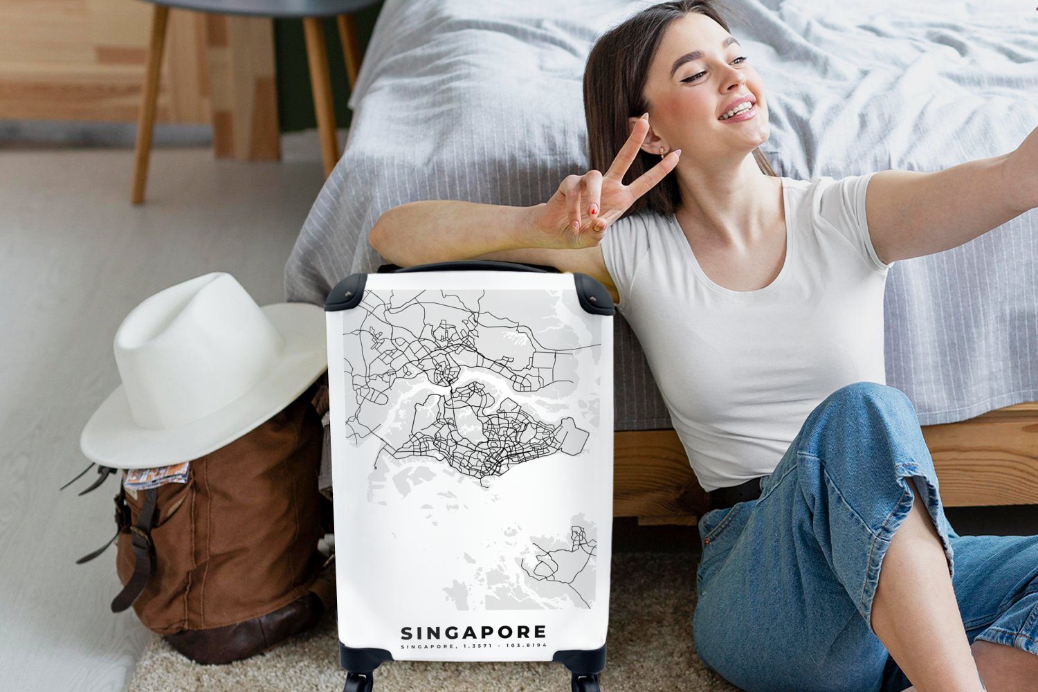 MuchoWow Handgepäckkoffer - Reisekoffer Karte Reisetasche Schwarz Trolley, für Karte, und rollen, Rollen, - 4 - mit weiß Stadtplan Handgepäck Singapur - Ferien