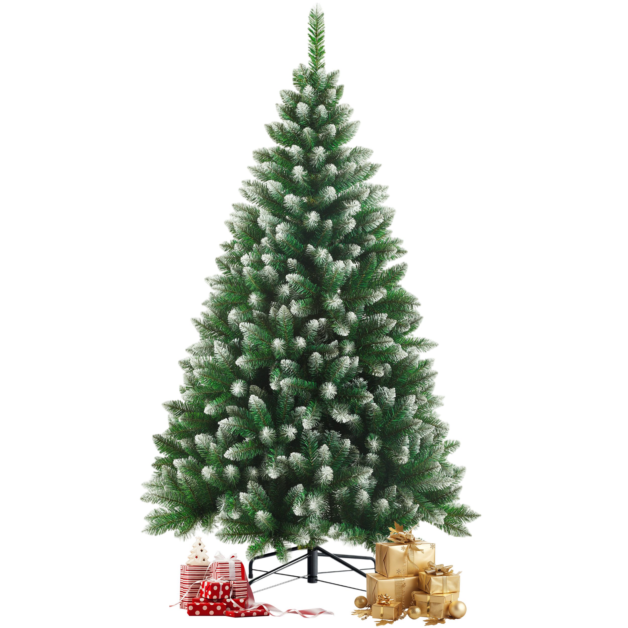 Sinaopus Künstlicher Weihnachtsbaum 120 cm Tanne mit Schneespitzen, PVC, Lichterkette, 8 Lichtmodi, Grüne Tanne mit Schneespitzen, dichte PVC-Zweige, winterliche Optik, Warmgelbe Lichterkette, 8 Modi, Schneespitzen, formbare Zweige