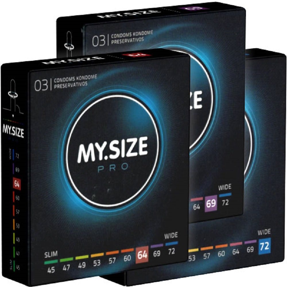 MY.SIZE XXL-Kondome PRO «Probierset XXXL» (64mm, 69mm, 72mm) 3 Packungen mit je 3 Maßkondomen, insgesamt, 9 St., Kondome zum Anprobieren und Austesten, die neue Generation MY.SIZE Kondome